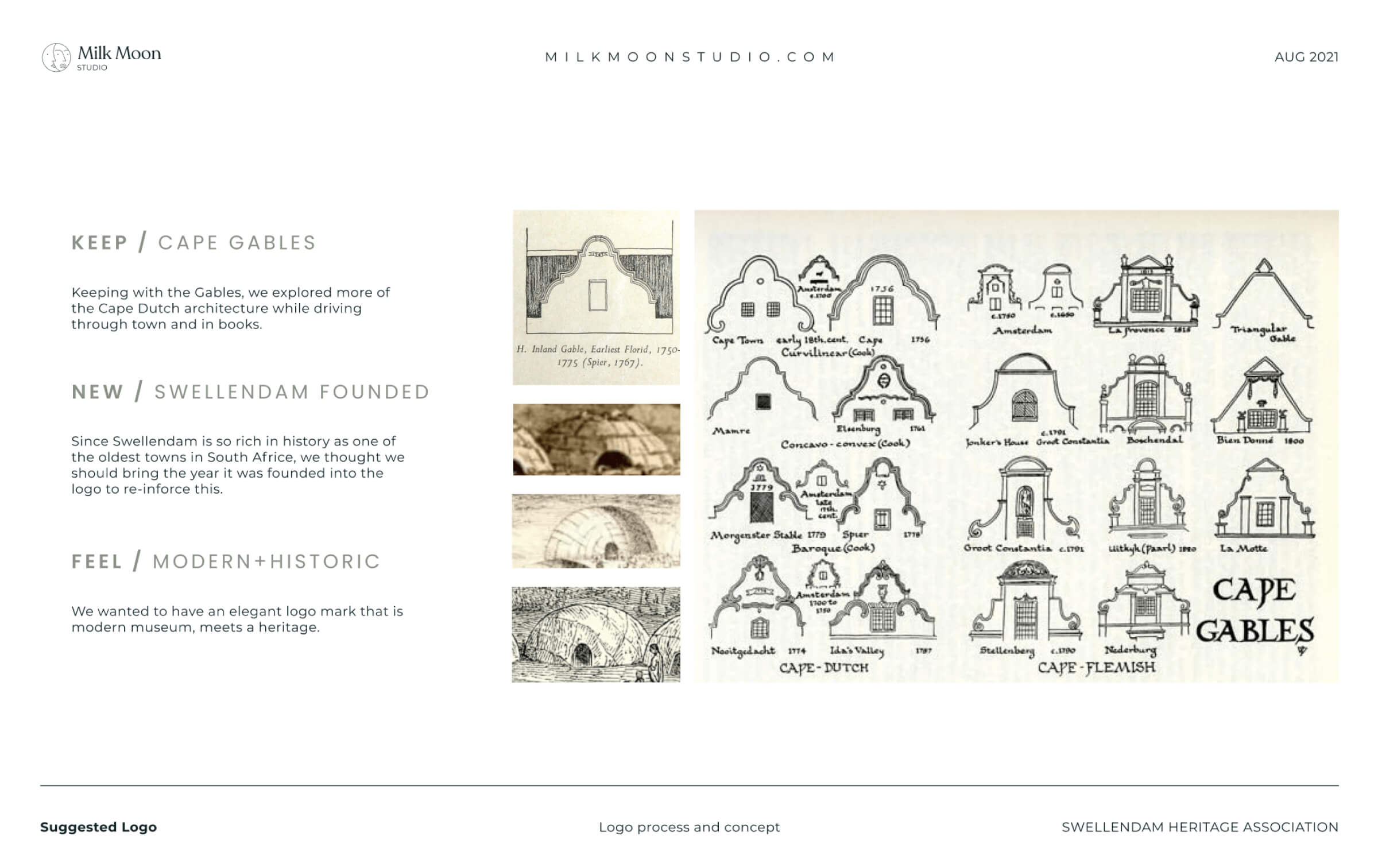 Logo concept board for the Swellendam Heritage Association showing Cape Dutch gable drawings and the keep, new and feel ideas
