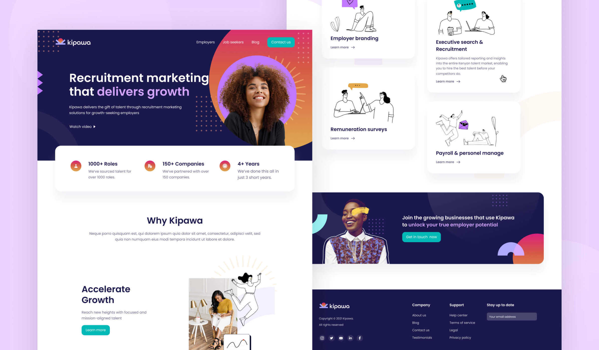 Kipawa homepage design by Milk Moon Studio with the headline Recruitment marketing that delivers growth, service cards and a footer on a navy and purple palette