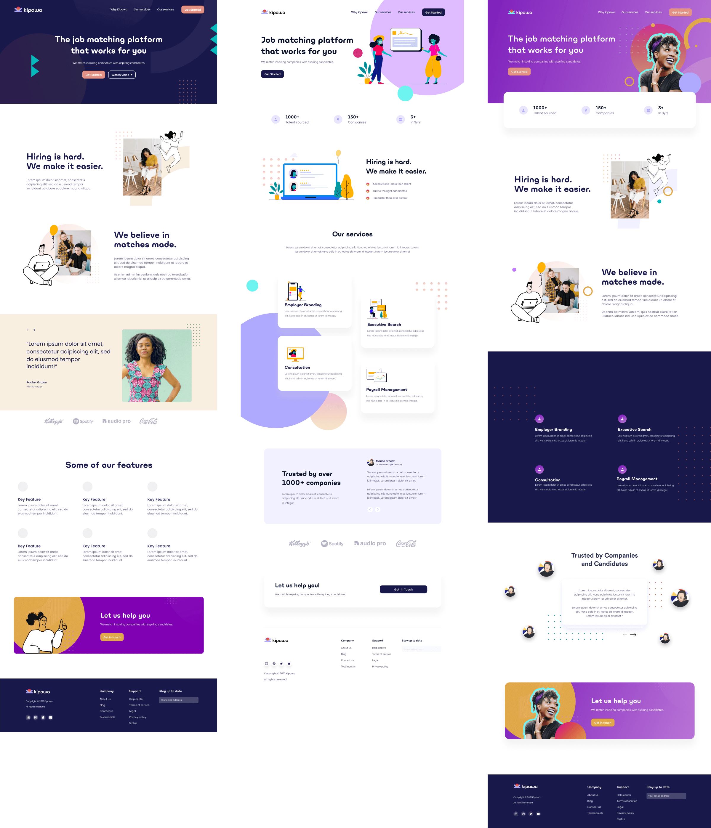 Three conceptual homepage designs for Kipawa by Milk Moon Studio in navy, lavender and purple, each with a hero, services and testimonial section