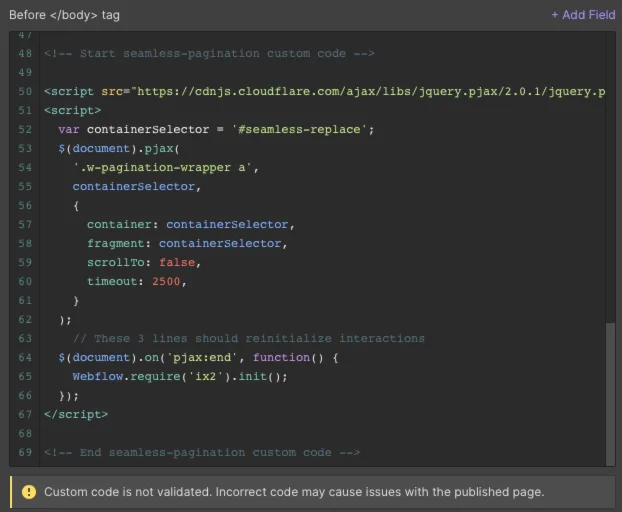 Embed-Code für nahtlose Paginierung