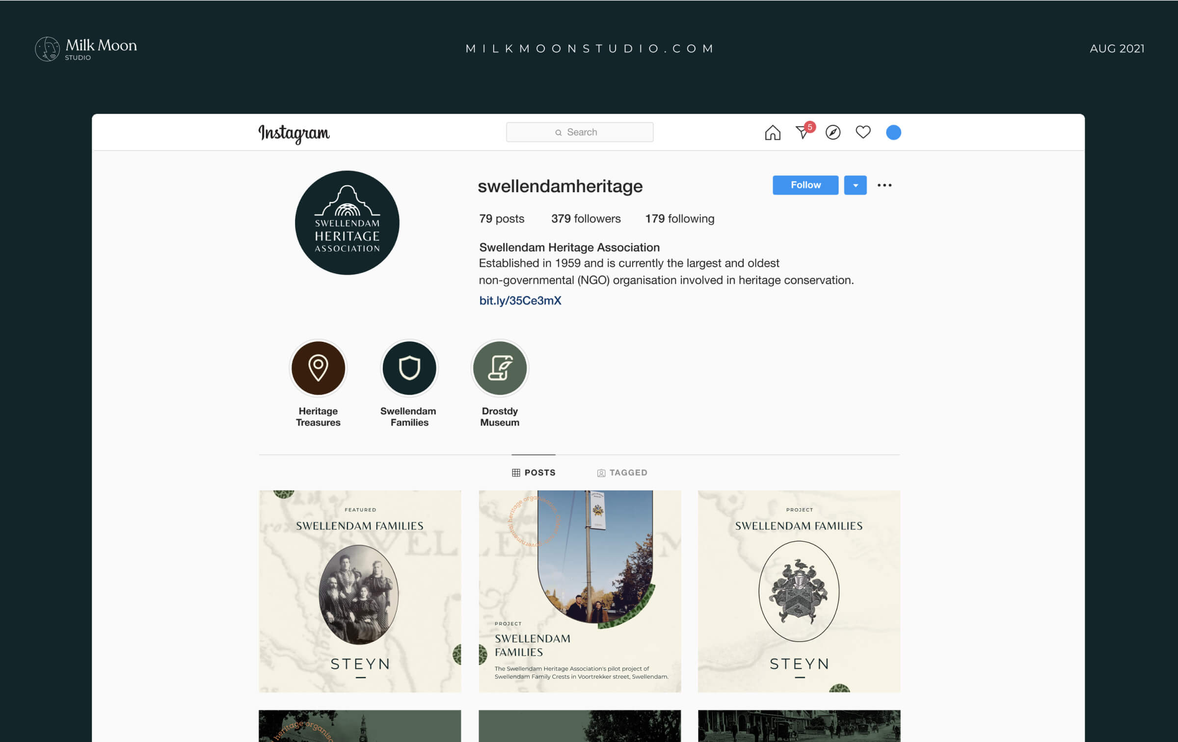 Swellendam Heritage Association Instagram profile with the new logo and branded post tiles about Swellendam families