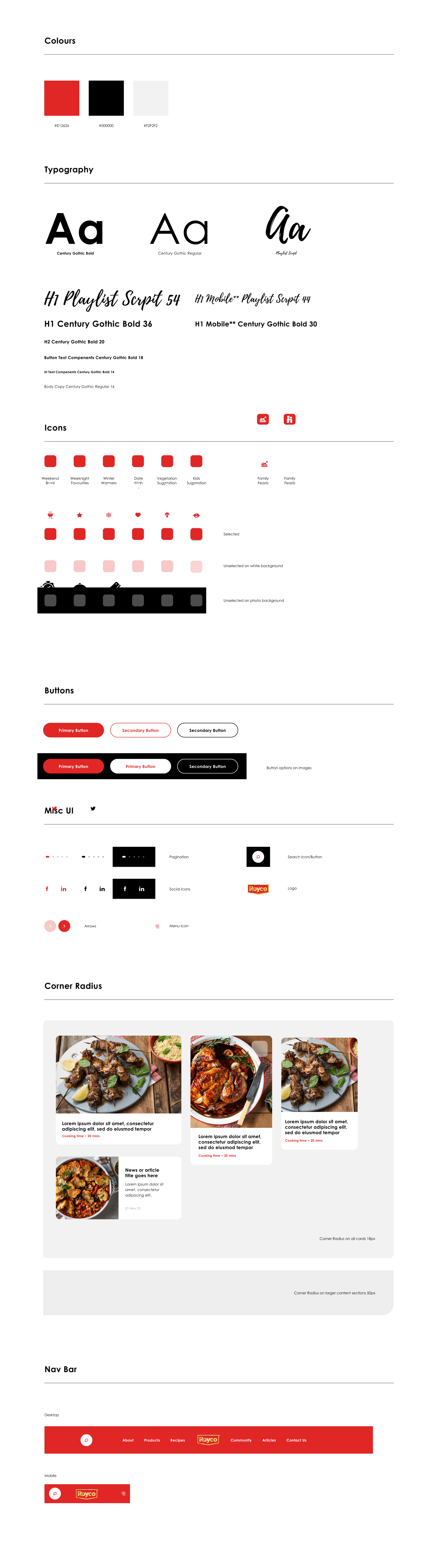 Mini Royco UI kit with the brand colours, buttons and type styles supplied by the client