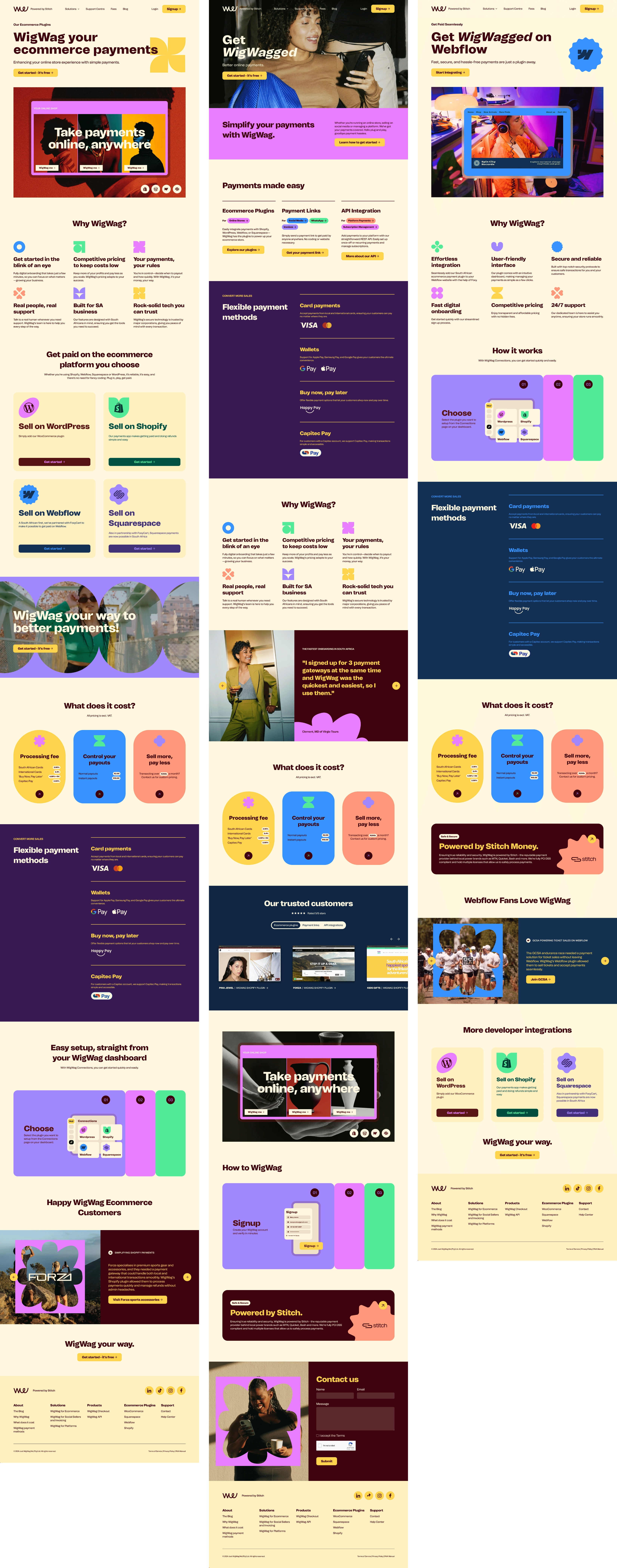 Drei neu gestaltete WigWag-Seiten nebeneinander: die Startseite der E-Commerce-Plugins mit WordPress-, Shopify-, Webflow- und Squarespace-Optionen, die Hauptstartseite und die Webflow-Plugin-Seite