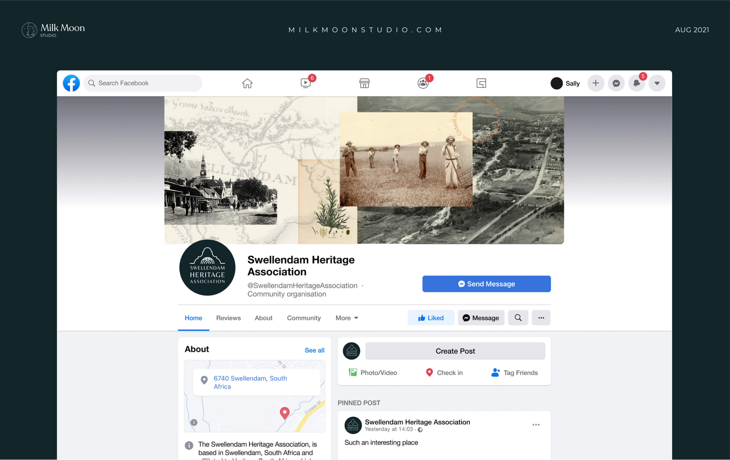 Swellendam Heritage Association Facebook page with the new logo and a cover image of old photographs and a map