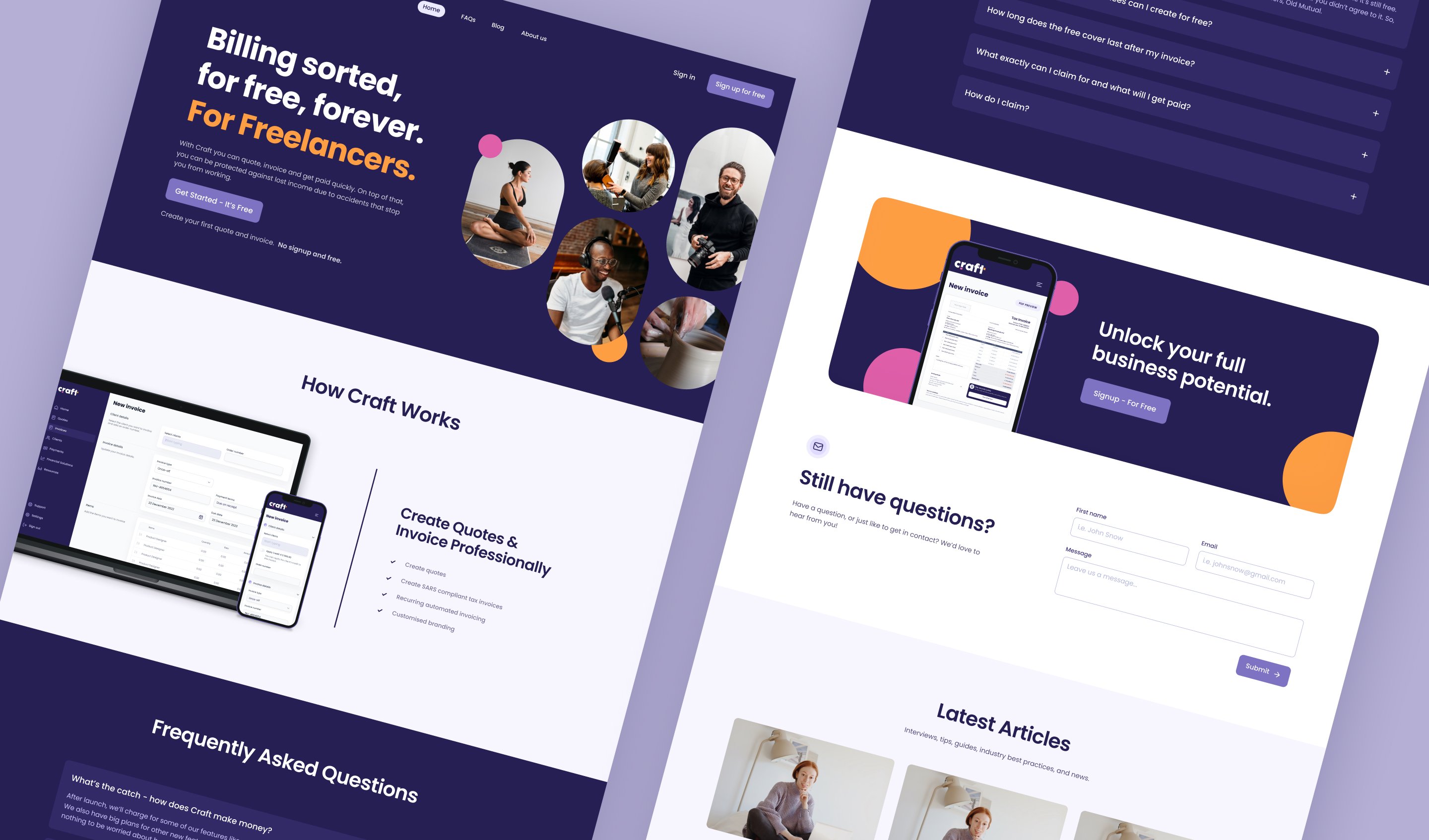 Craft homepage on a tilted desktop mockup: the headline 'Billing sorted, for free, forever. For Freelancers.', a 'How Craft works' section and a frequently asked questions block, with a contact form below