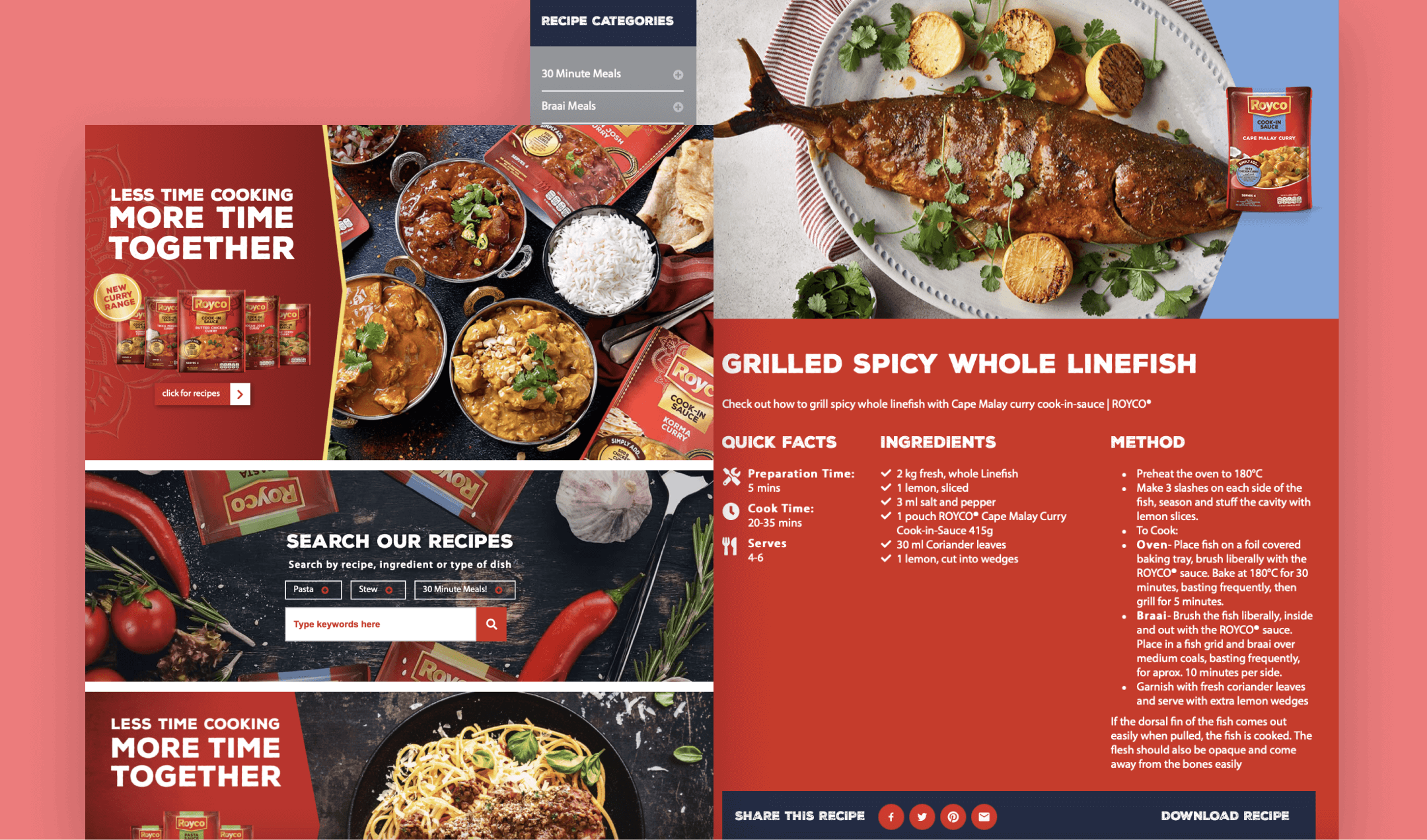 Auf Webflow migrierte Royco-Rezeptseite: Startseiten-Banner, Rezeptsuche und eine Rezeptseite für gegrillten, scharfen ganzen Fisch mit Zutaten und Zubereitung