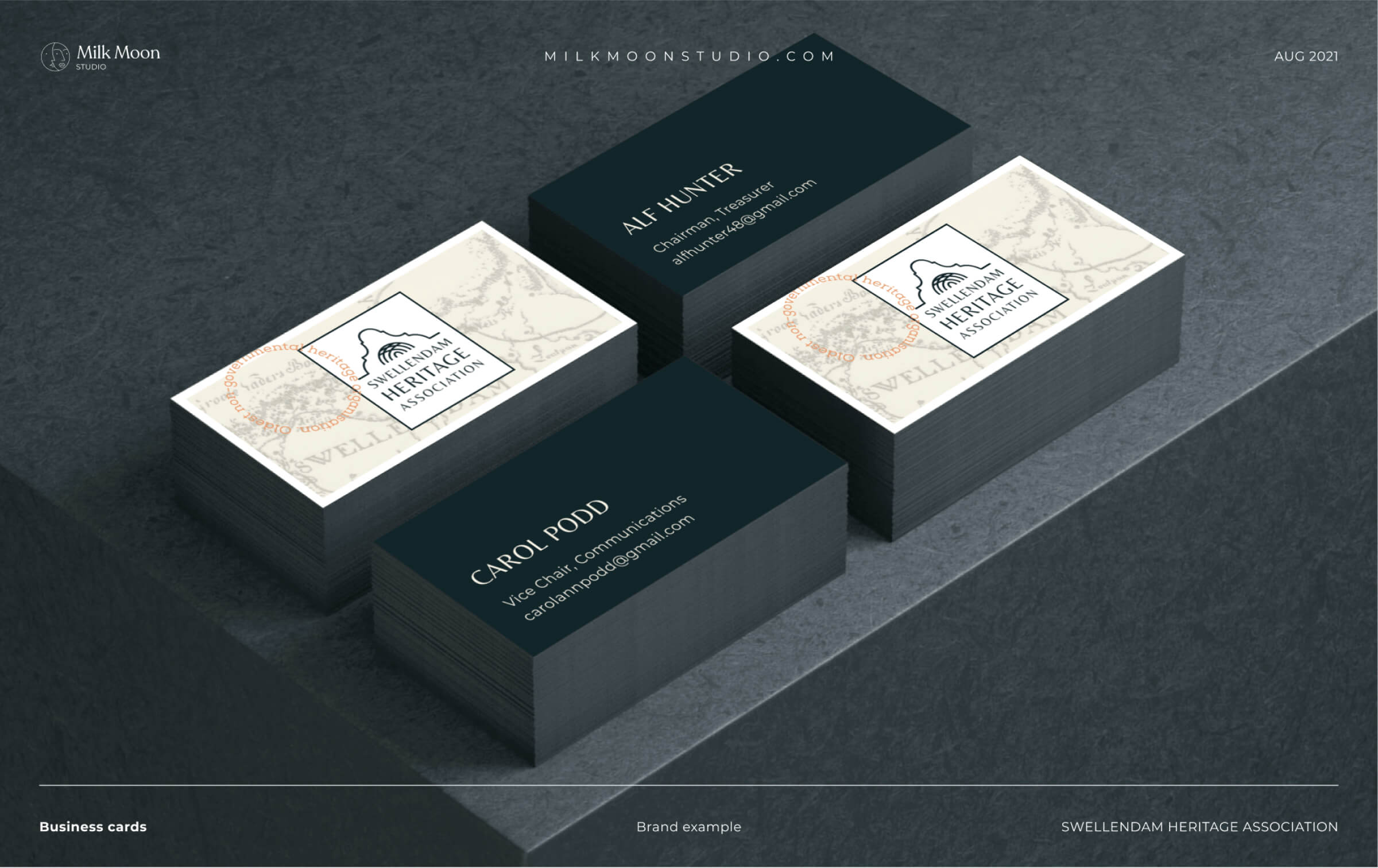 Swellendam Heritage Association business cards in cream with a map pattern and in dark green, with the logo and committee member names