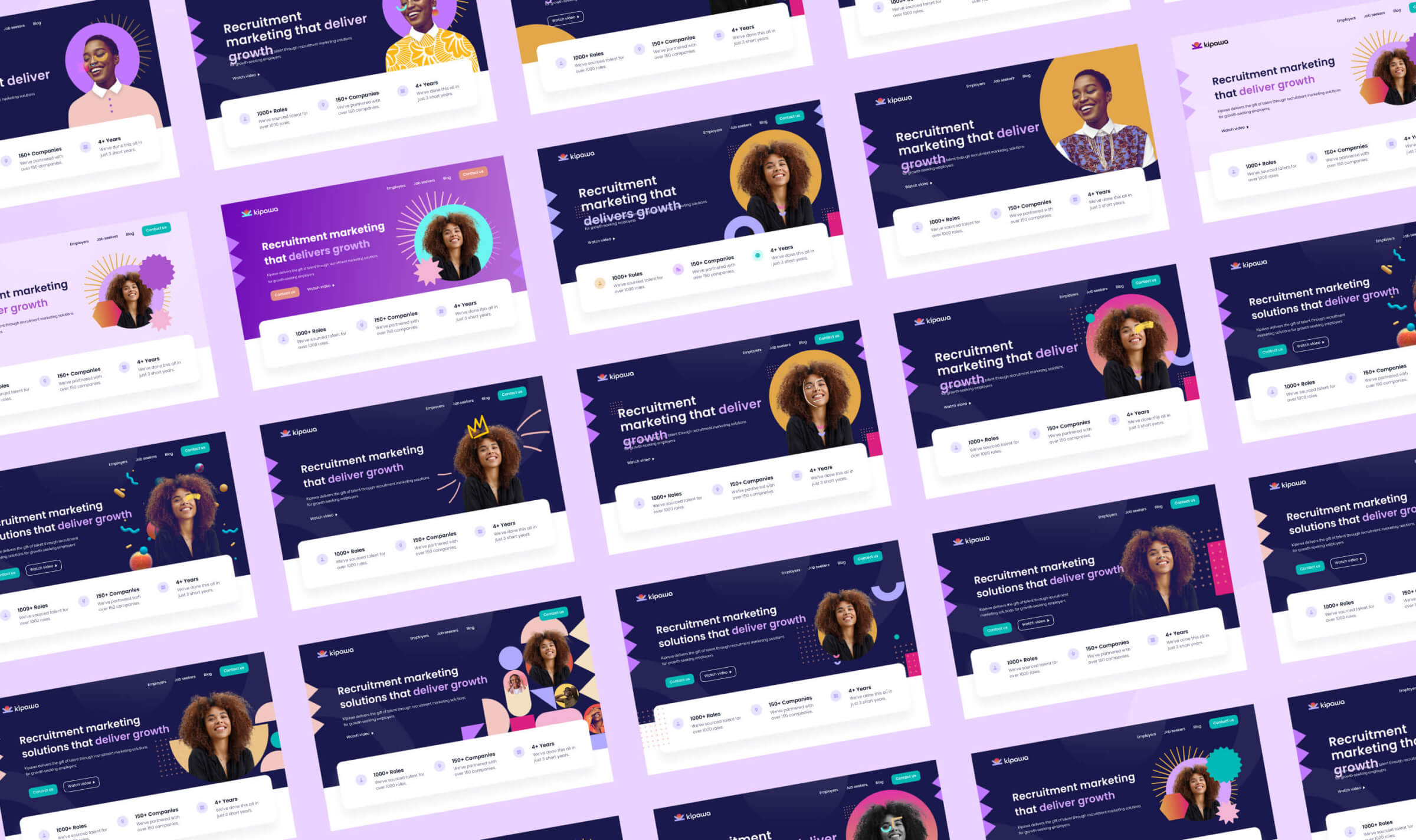 Grid of Kipawa homepage hero options with different portraits and colour treatments behind the headline Recruitment marketing that delivers growth