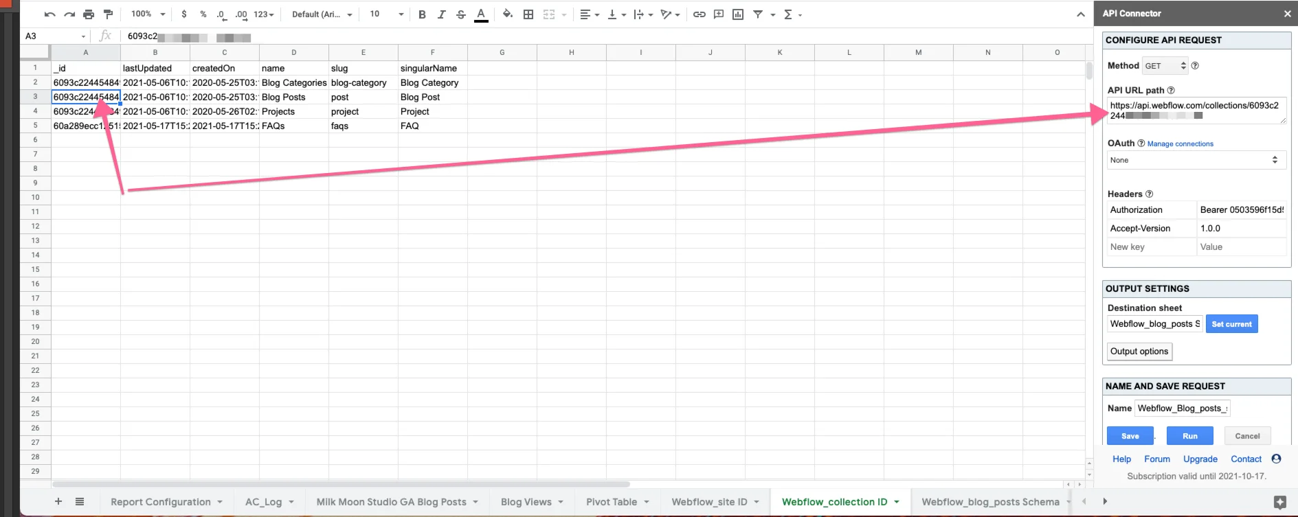 Webflow Collection IDs IN Google Sheets