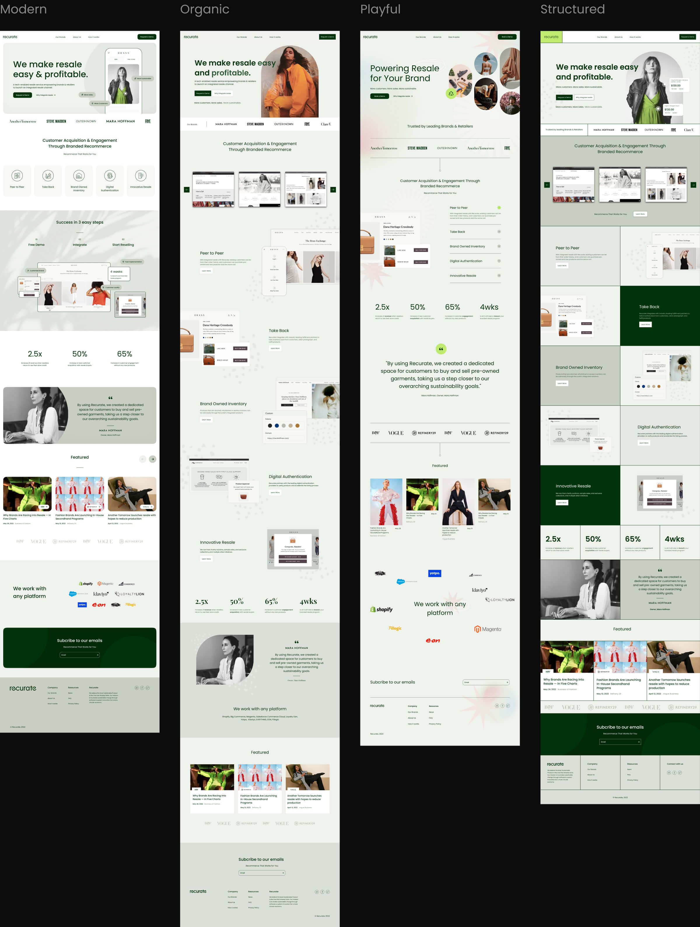 Four conceptual homepage designs for Recurate, labelled Modern, Organic, Playful and Structured