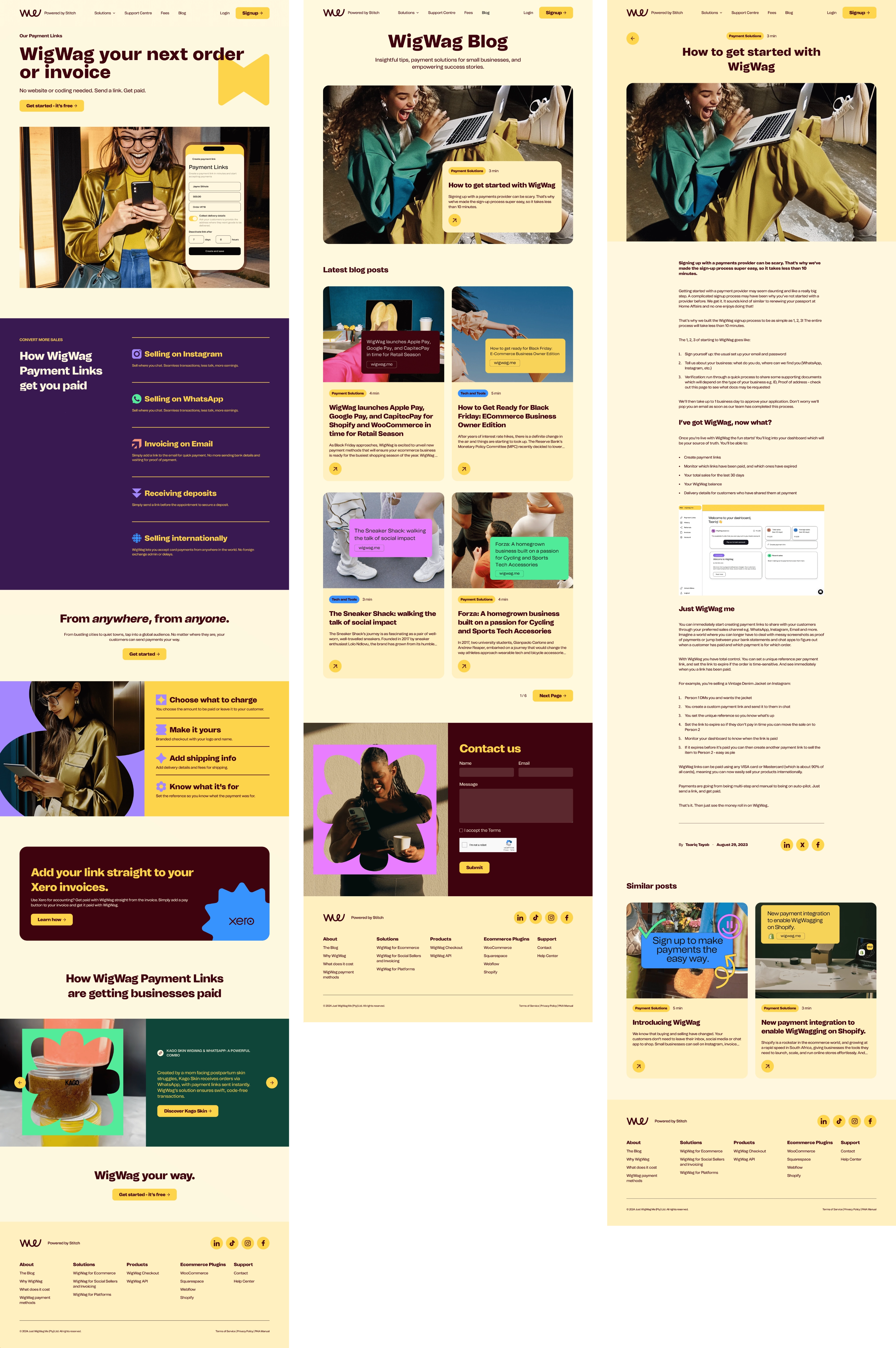 Neu gestaltete WigWag-Seite für Zahlungslinks, Blog-Übersicht und Blogartikel nebeneinander