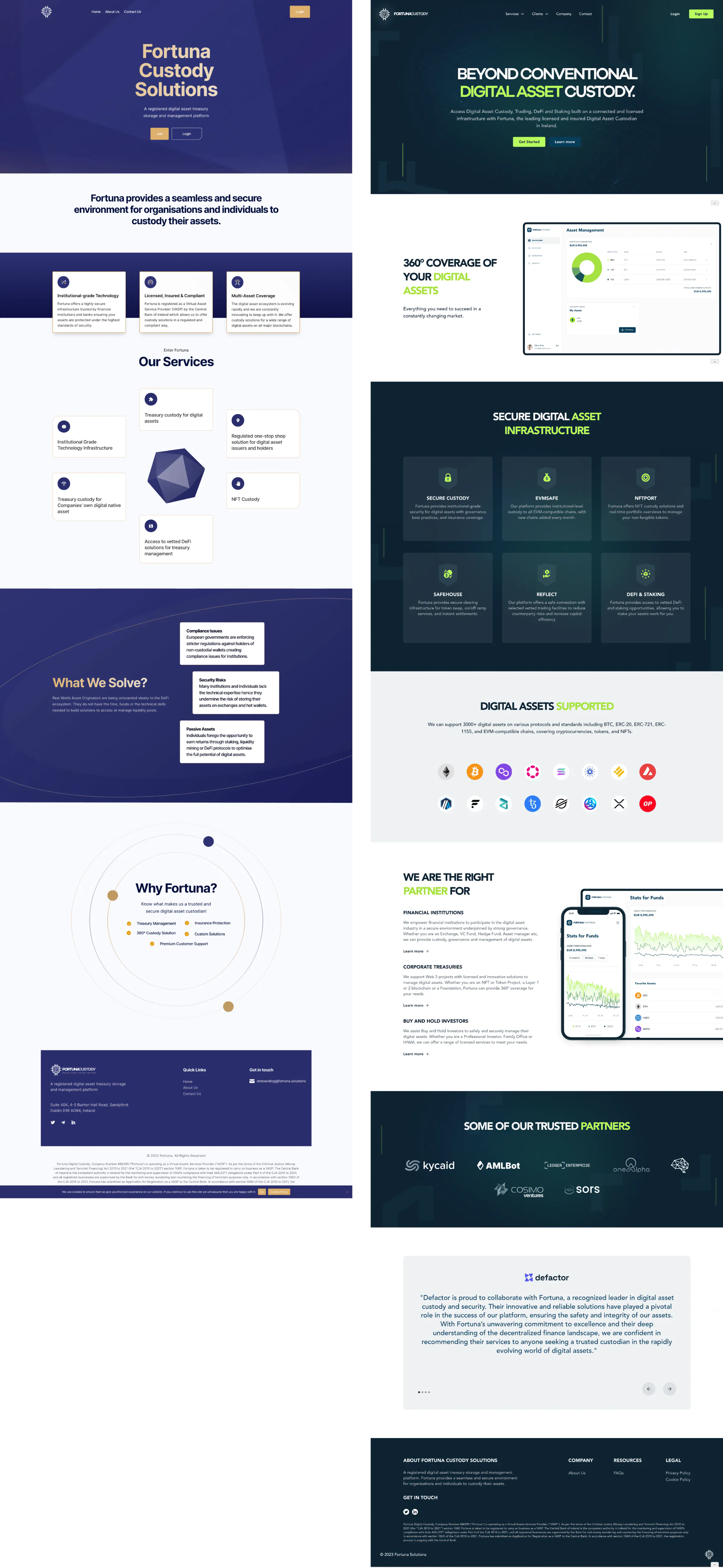Comparación del antes y el después del sitio web de Fortuna Custody: el sitio antiguo en morado a la izquierda y el rediseño en verde azulado oscuro a la derecha