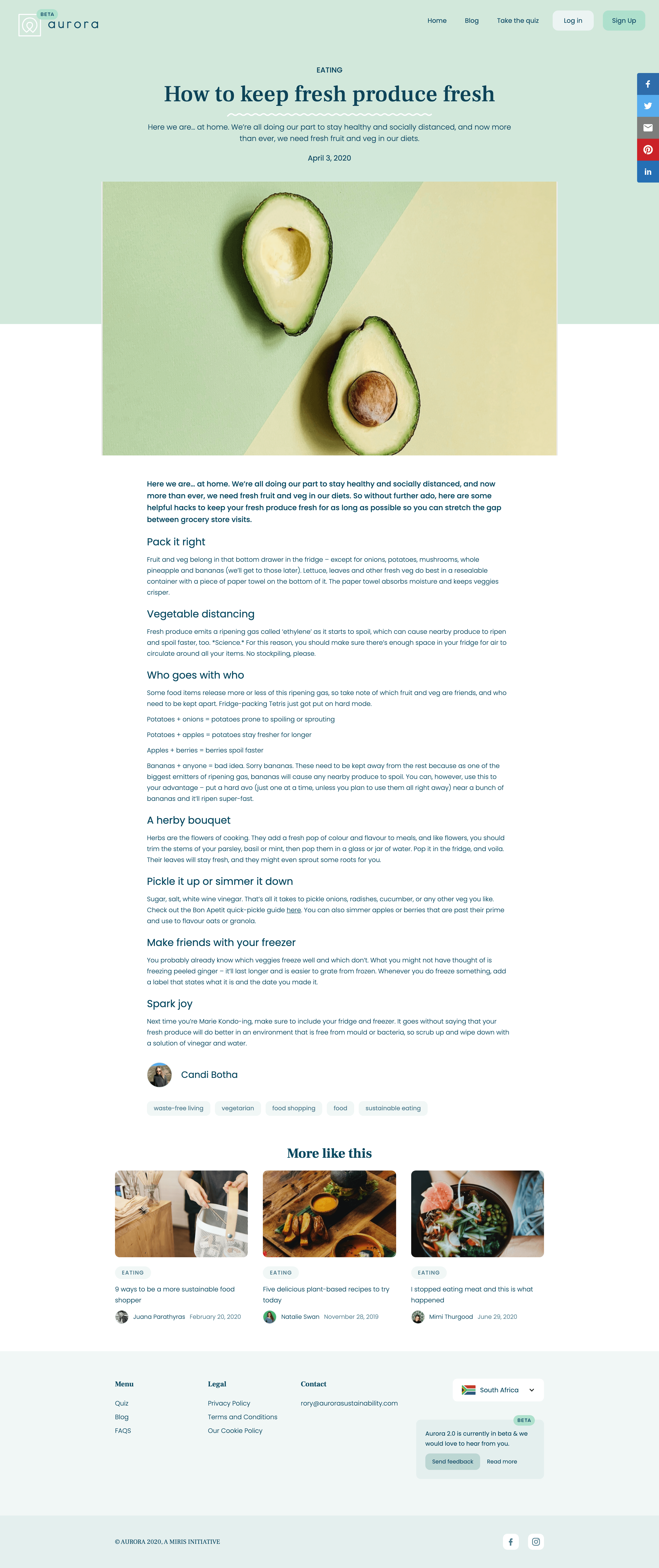 Screenshot of an Aurora Sustainability blog post on keeping fresh produce fresh, with an avocado hero photo, subheadings and related articles
