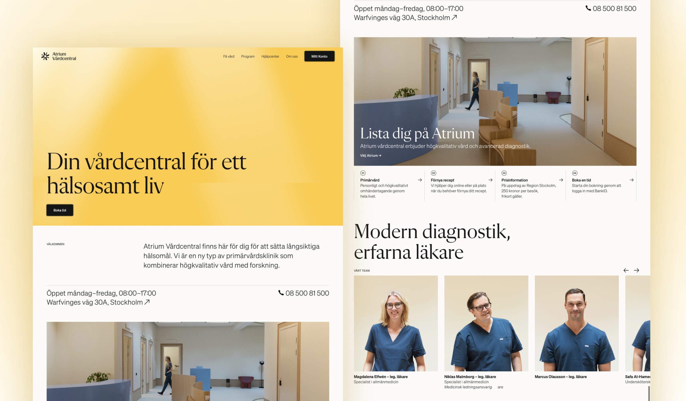 Atrium Vårdcentral homepage on desktop: yellow hero headline in Swedish, a welcome text and a team of clinicians in blue scrubs.