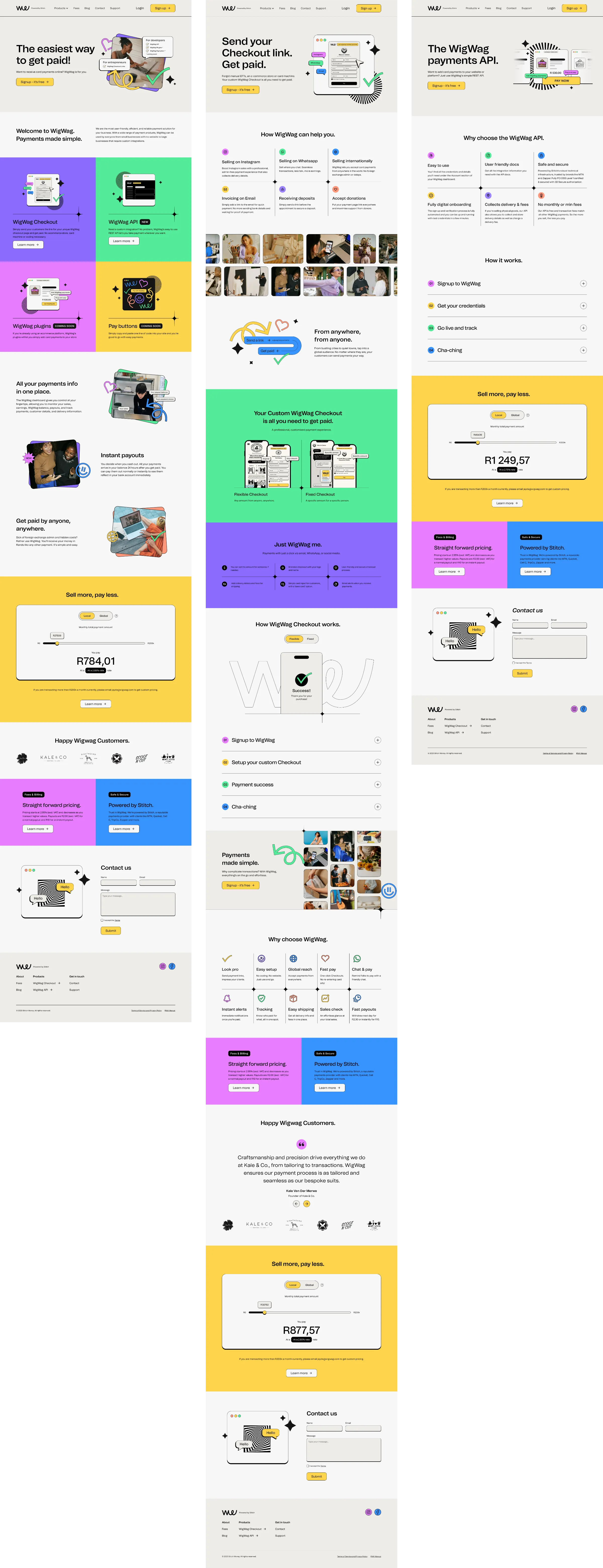 Three full-length WigWag page designs side by side: the homepage, the Checkout page and the API page, each with bold colour blocks and a pricing slider