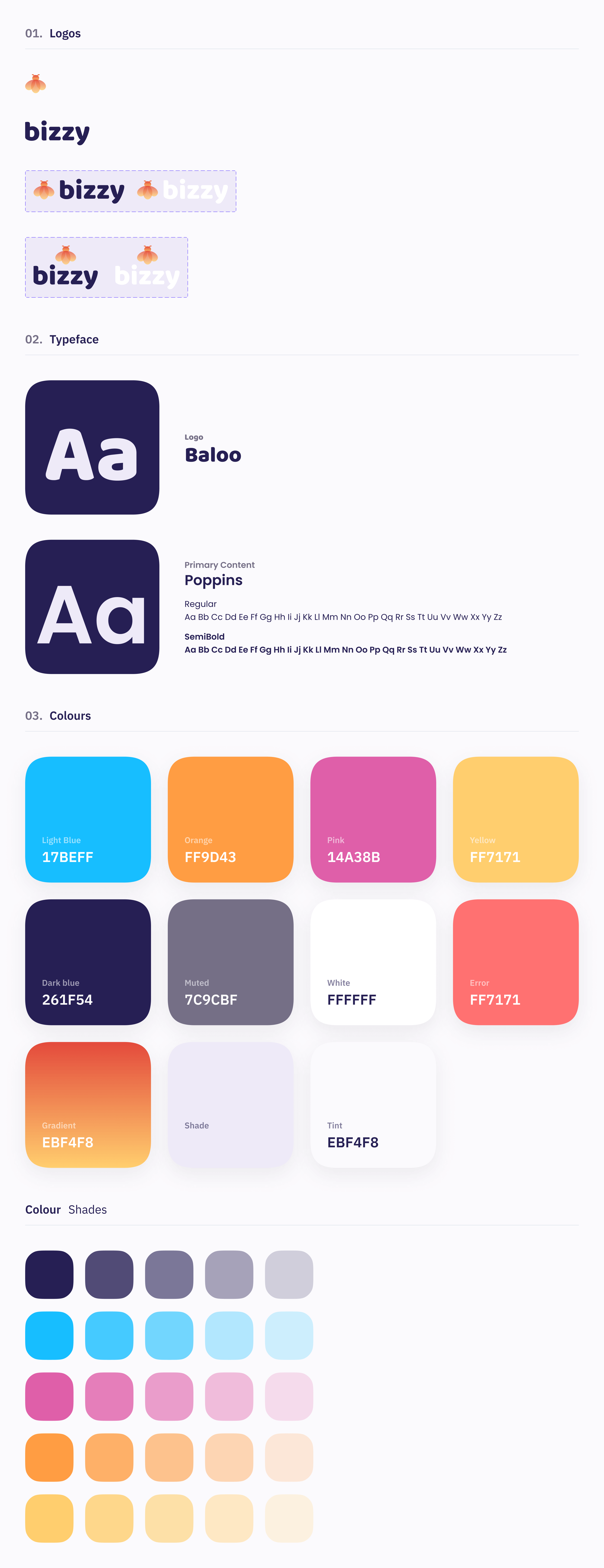 Bizzy style guide listing the bee logo and wordmark in dark and light versions, the Baloo and Poppins typefaces, and the colour palette of dark blue, orange, pink, light blue and yellow with tints