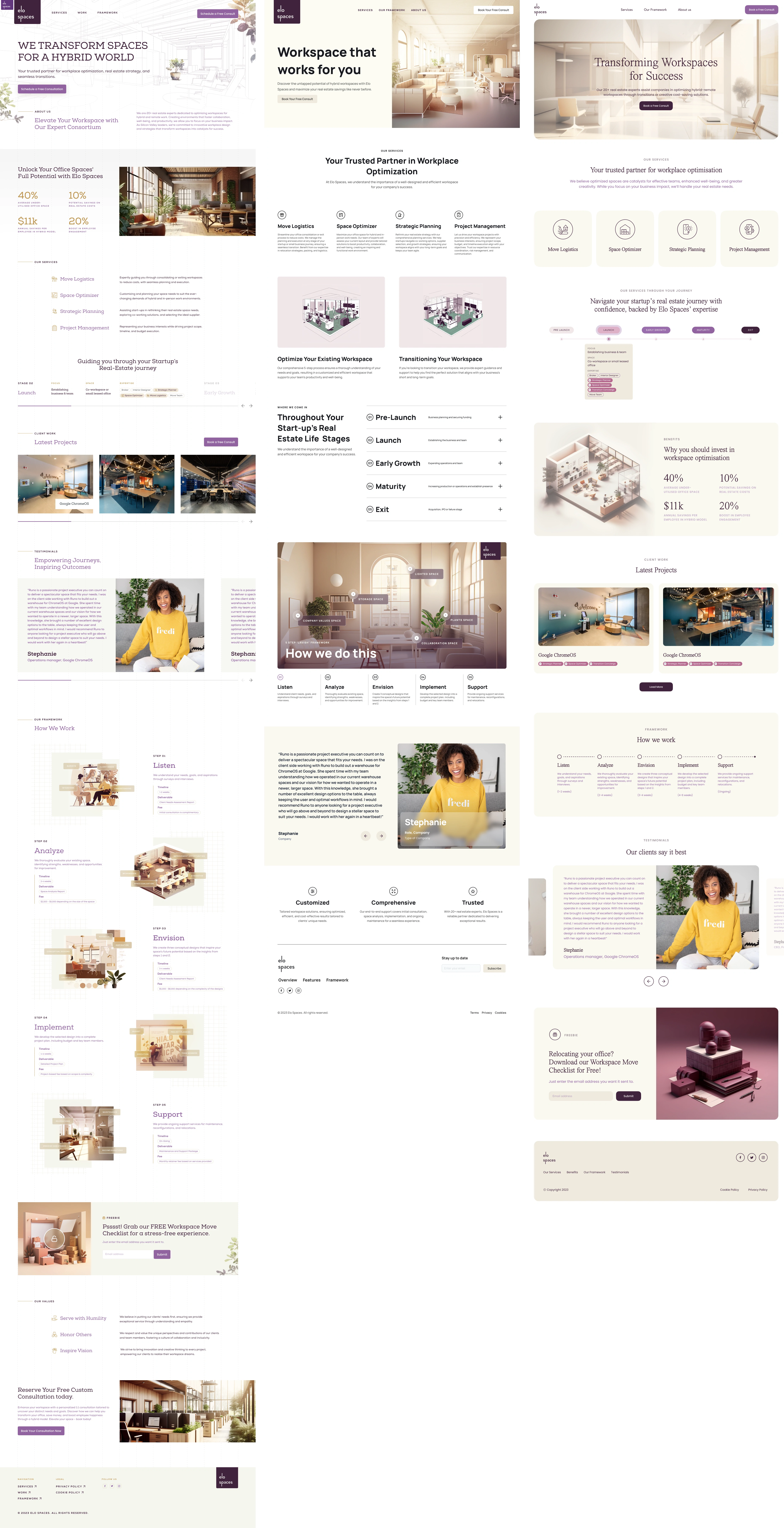 Three Elo Spaces homepage concept designs side by side, each with a different hero, services section, project cards, framework steps and testimonial.