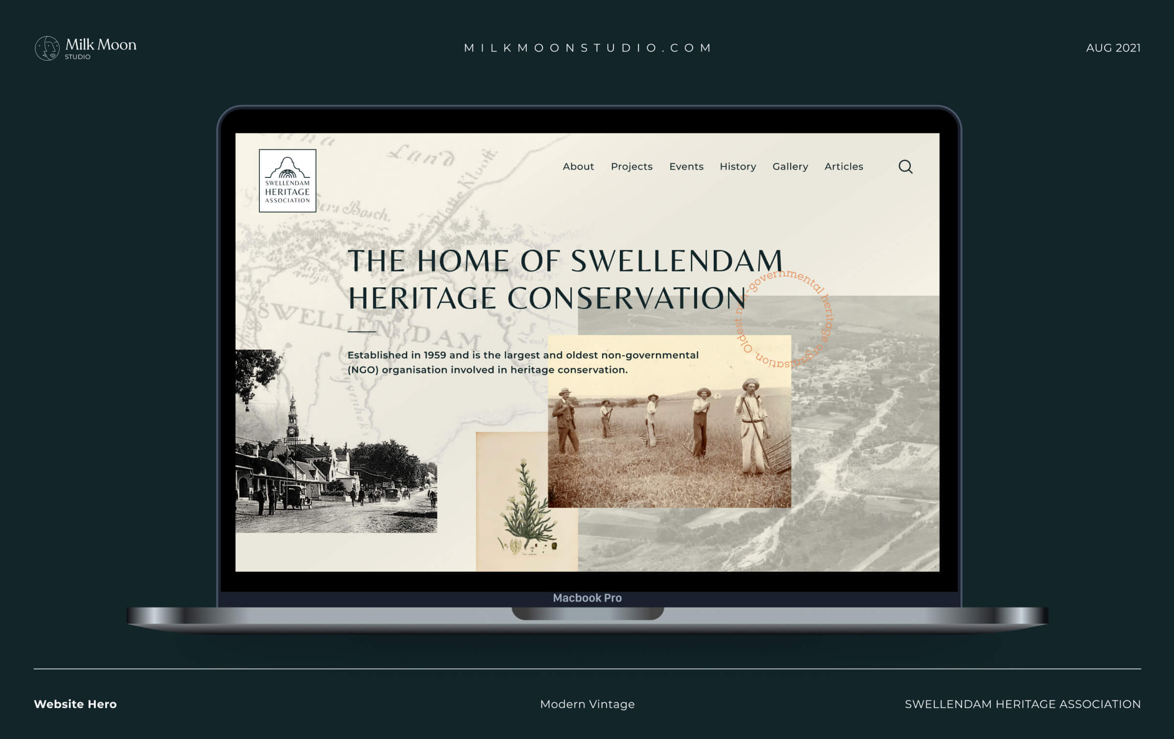 Swellendam Heritage Association website home page on a laptop screen, with archive photographs, an old map and a botanical illustration