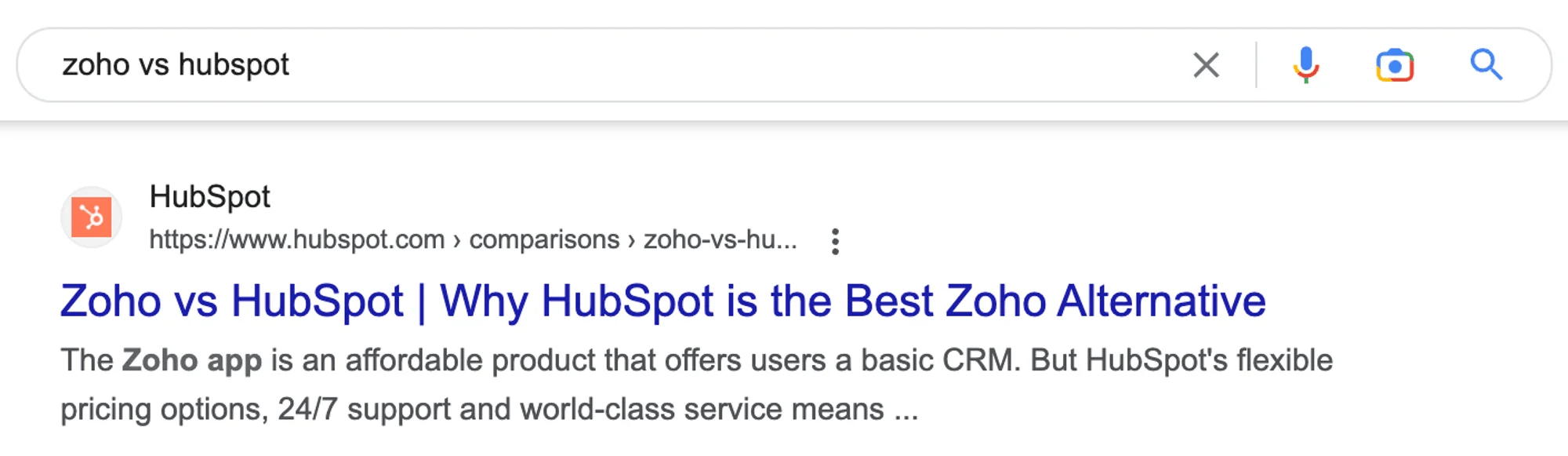 Example of competitor programmatic landing page: Zoho vs Hubspot