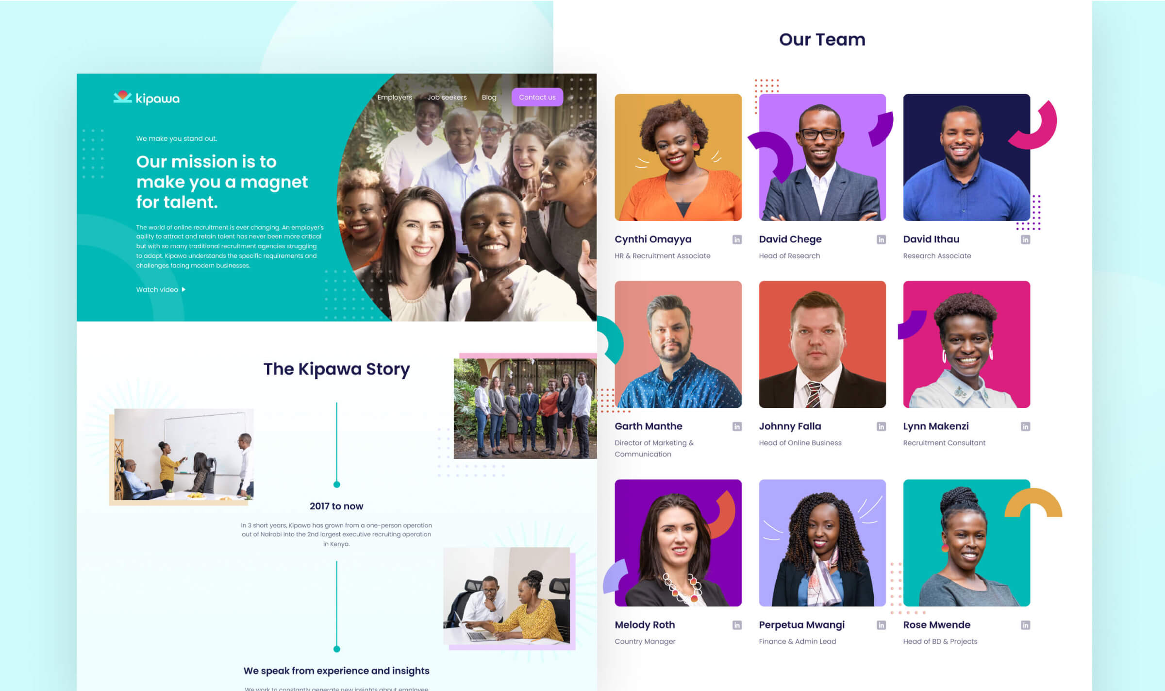 Kipawa about page design with the mission Our mission is to make you a magnet for talent and an Our Team grid of staff portraits