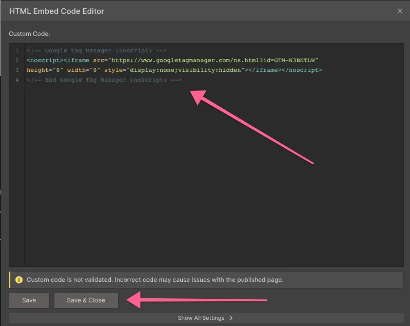 Add the Google Tag Manager iframe to a Webflow HTML Embed