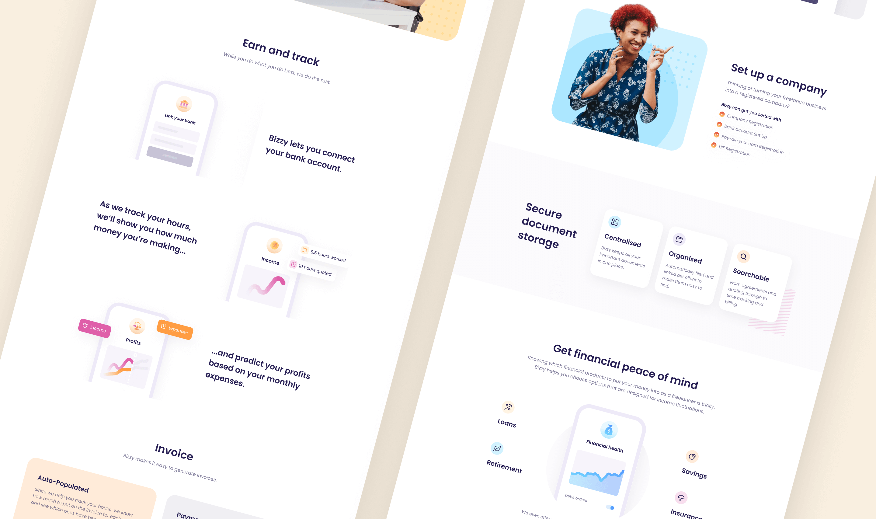 Bizzy landing page design showing the Earn and track, Set up a company, Secure document storage and Get financial peace of mind sections, each with phone mock-ups and illustrations