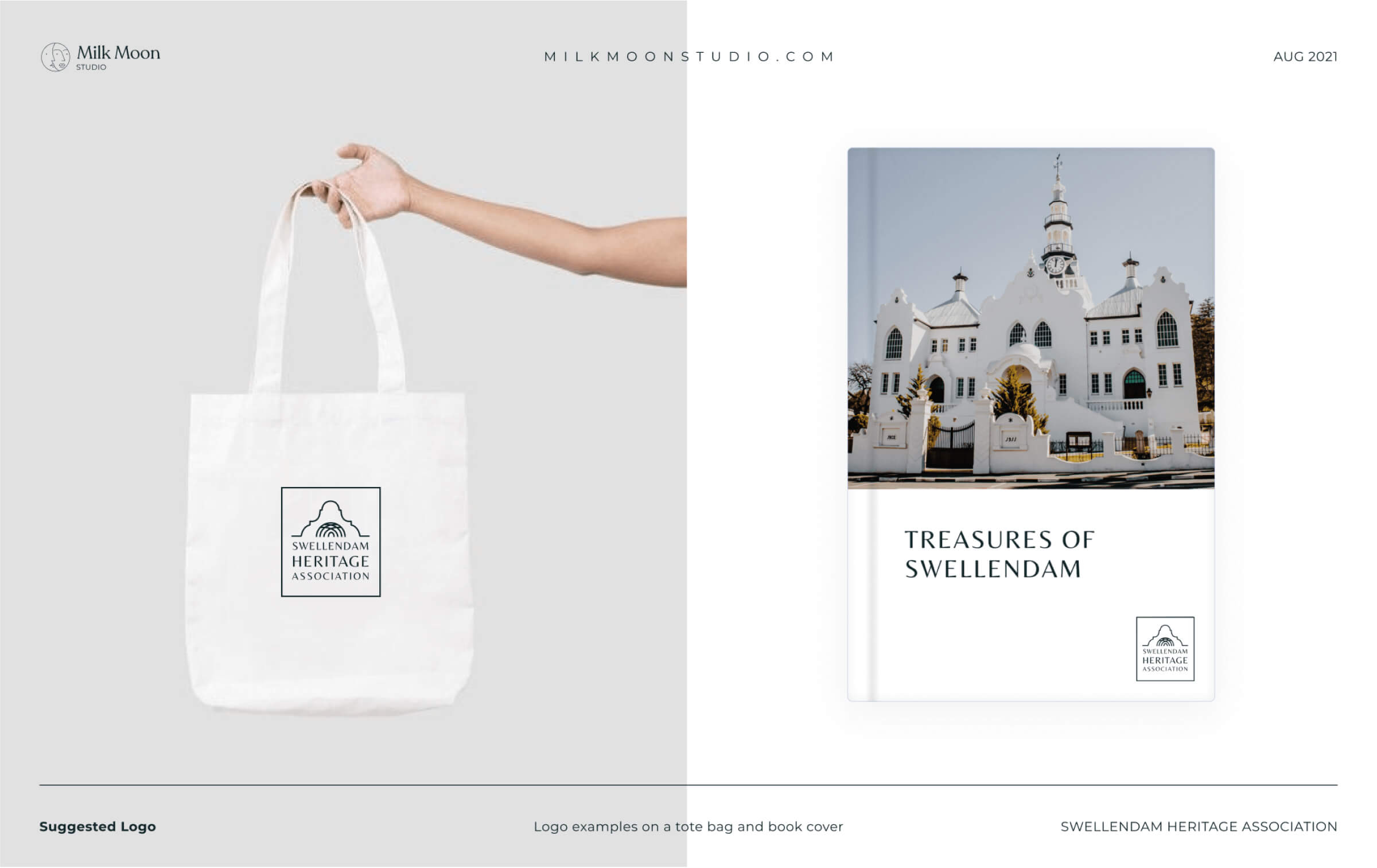 Swellendam Heritage Association logo on a canvas tote bag and on the cover of the book Treasures of Swellendam