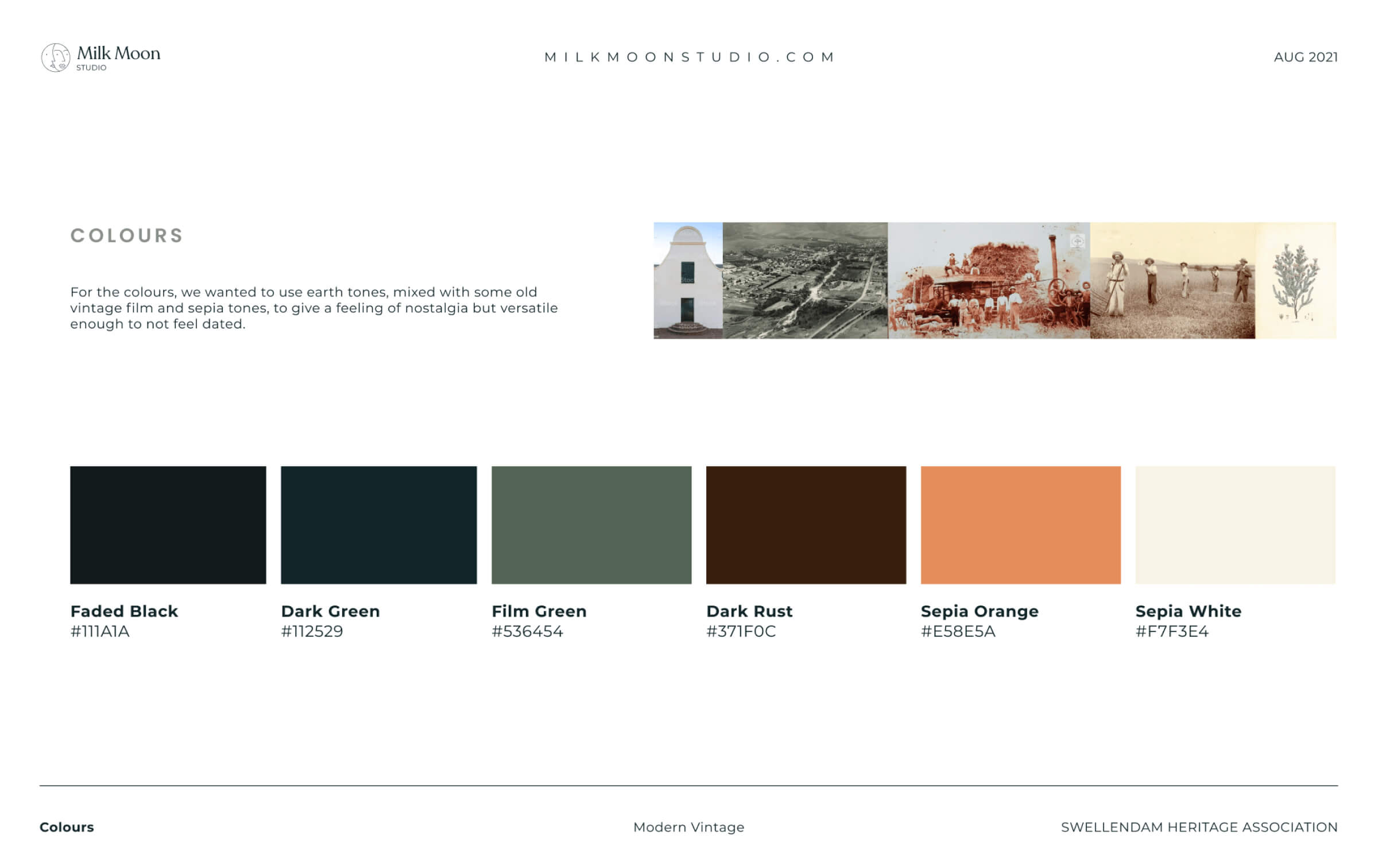 Swellendam Heritage Association colour palette of six earth and sepia tones, from faded black and dark green to sepia orange and sepia white