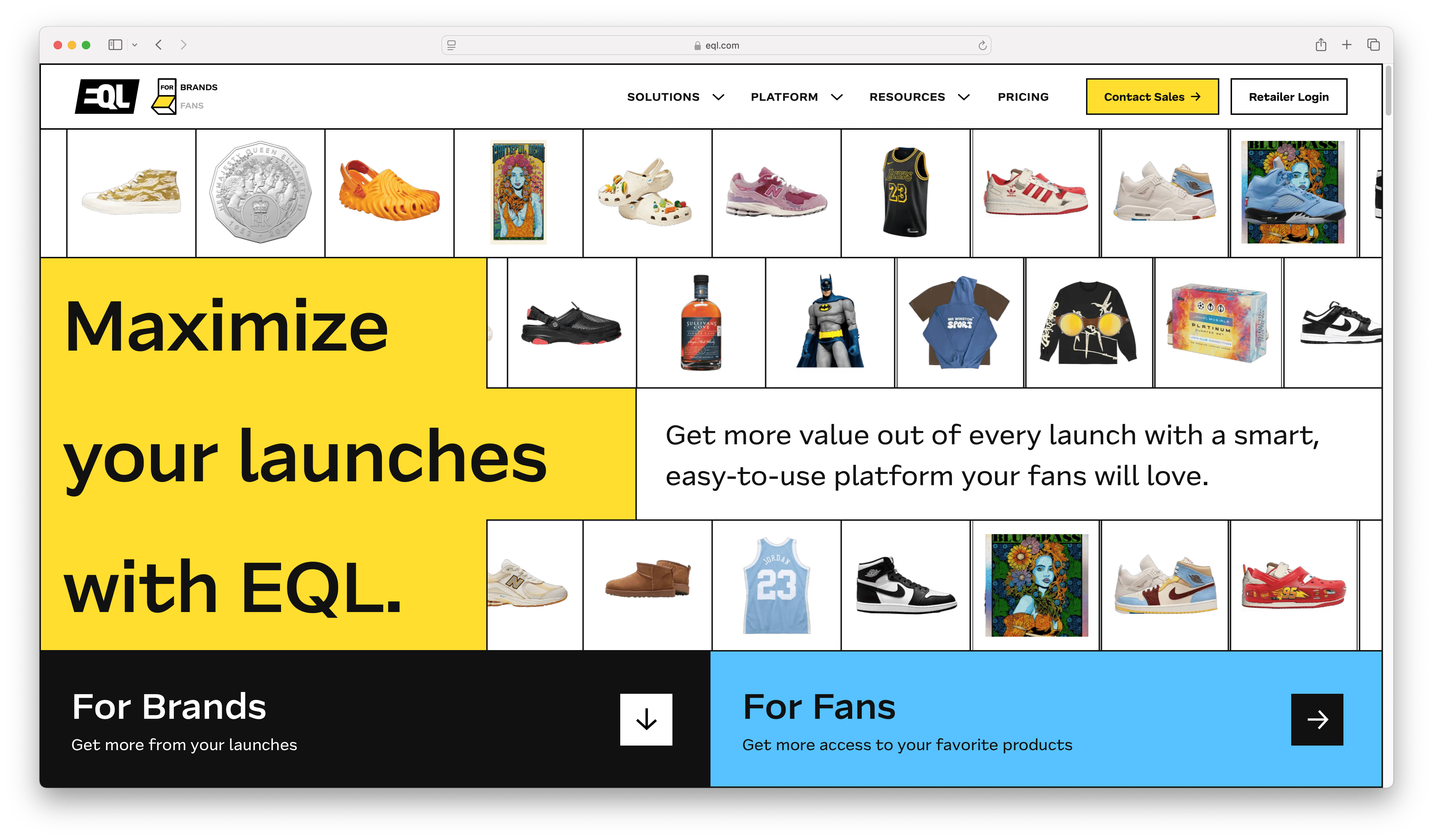 Page d'accueil d'EQL.com dans le navigateur d'un ordinateur portable : un grand titre jaune sur l'art de tirer plus de chaque lancement, au-dessus de rangées de photos de produits, avec les panneaux For Brands et For Fans en dessous