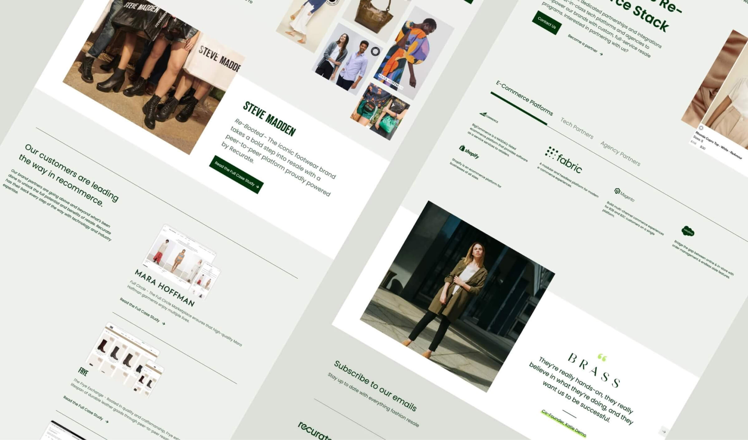 Close-up of the Recurate design direction: a Steve Madden case study card, Mara Hoffman and Frye customer stories, and a partners section with e-commerce platform logos