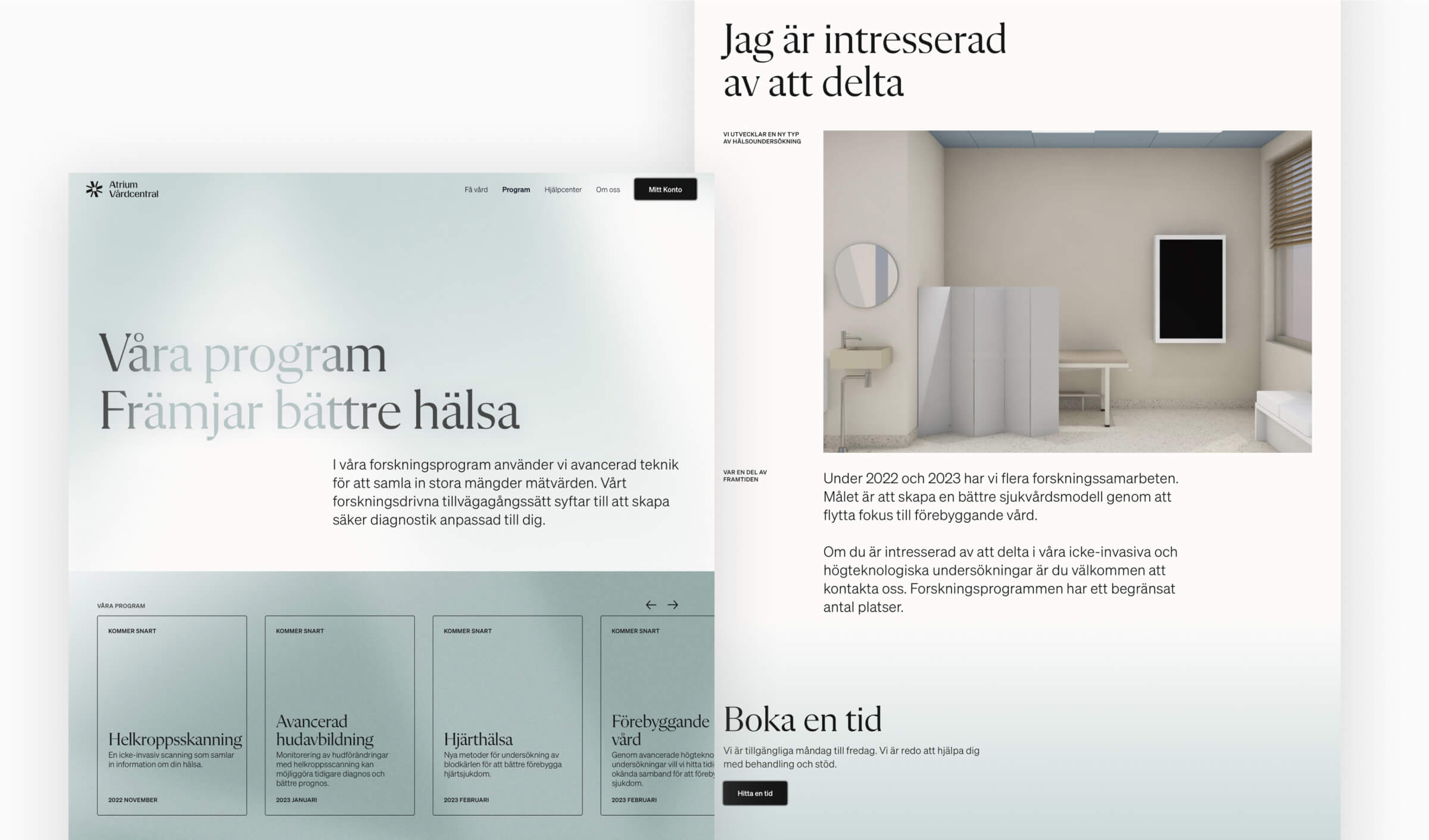 Atrium Vårdcentral programmes page in Swedish listing four upcoming research programmes, with an invitation to take part.