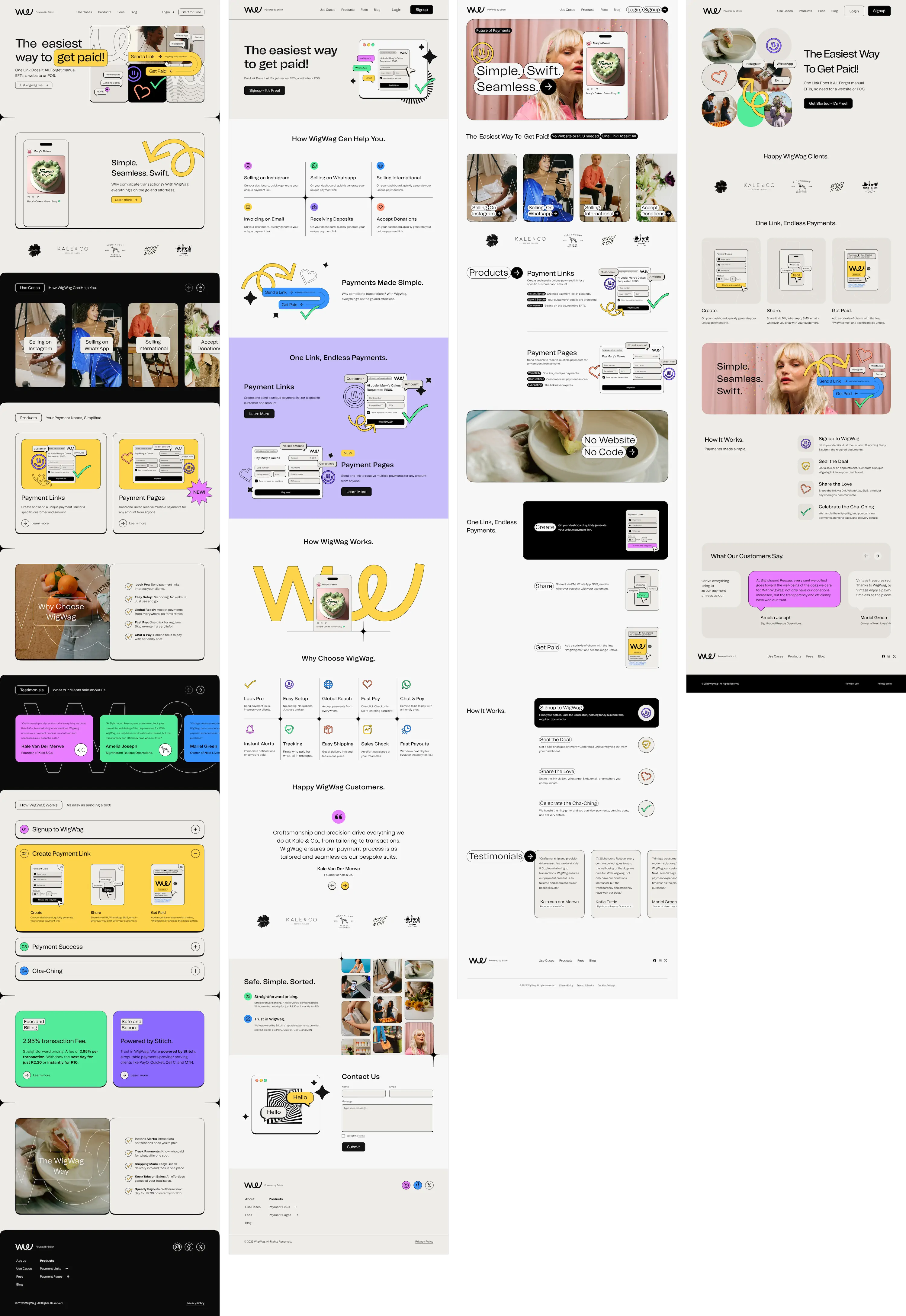 Four rough exploratory homepage concepts for WigWag, showing early layouts, payment link illustrations and colour ideas
