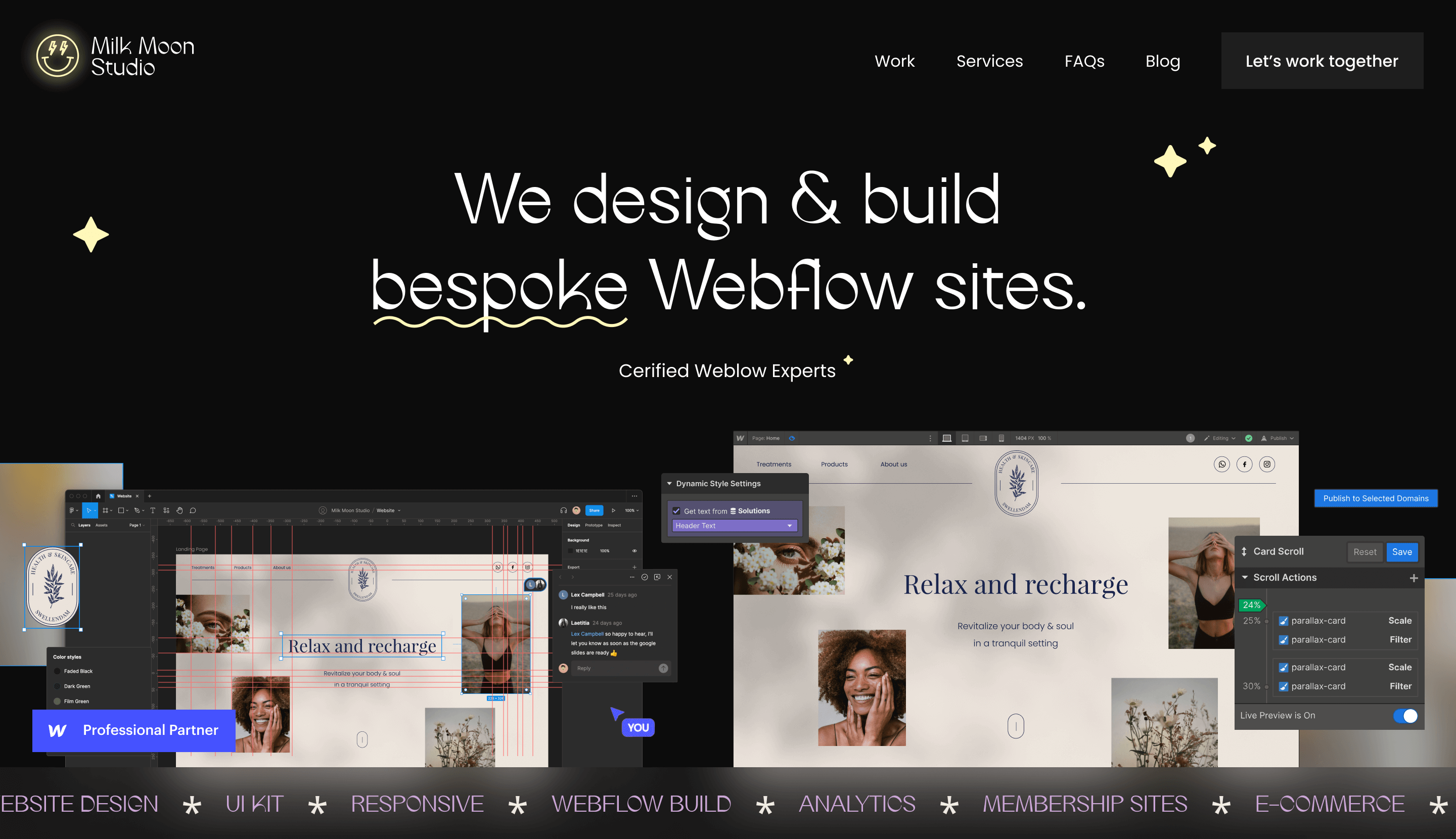 Milk Moon Studio website header section in dark mode
