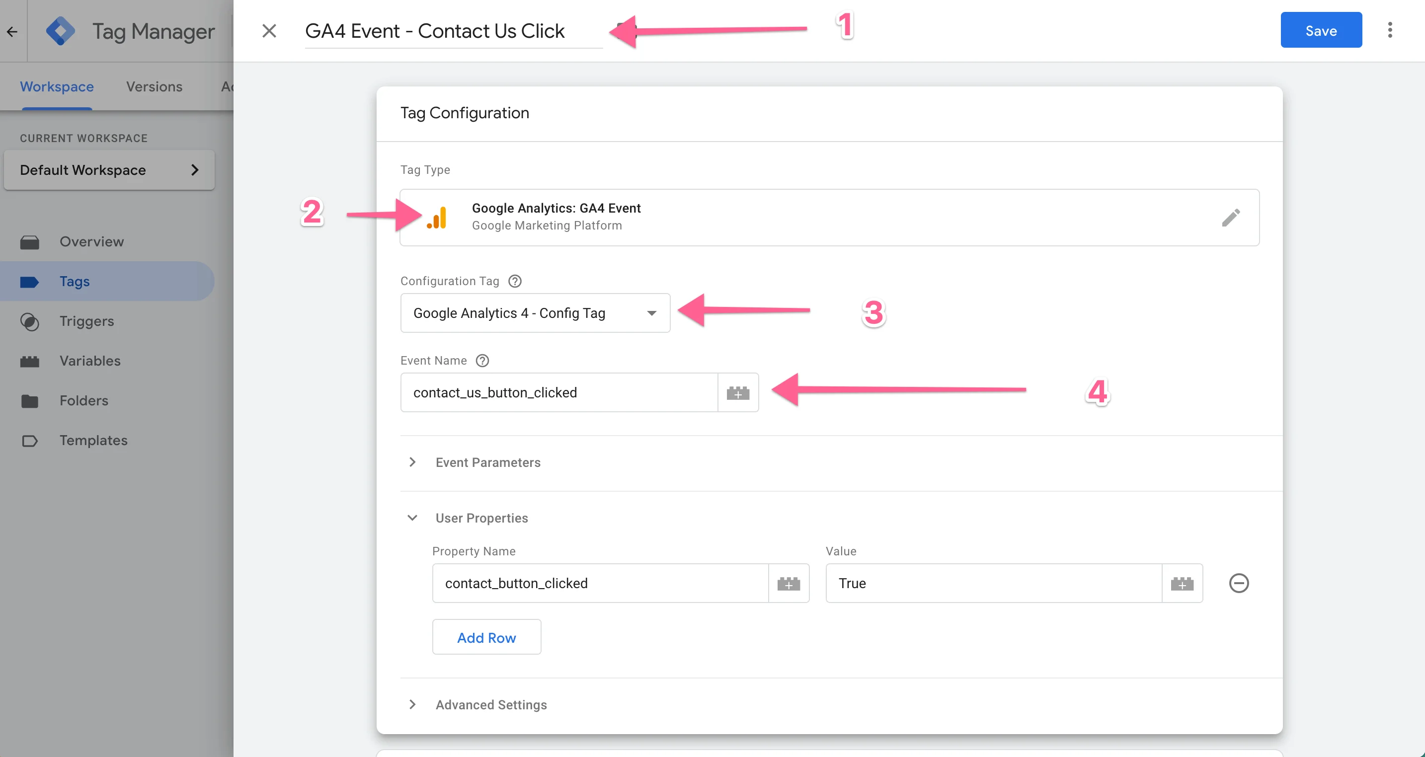 Crea una etiqueta de evento de Google Analytics 4