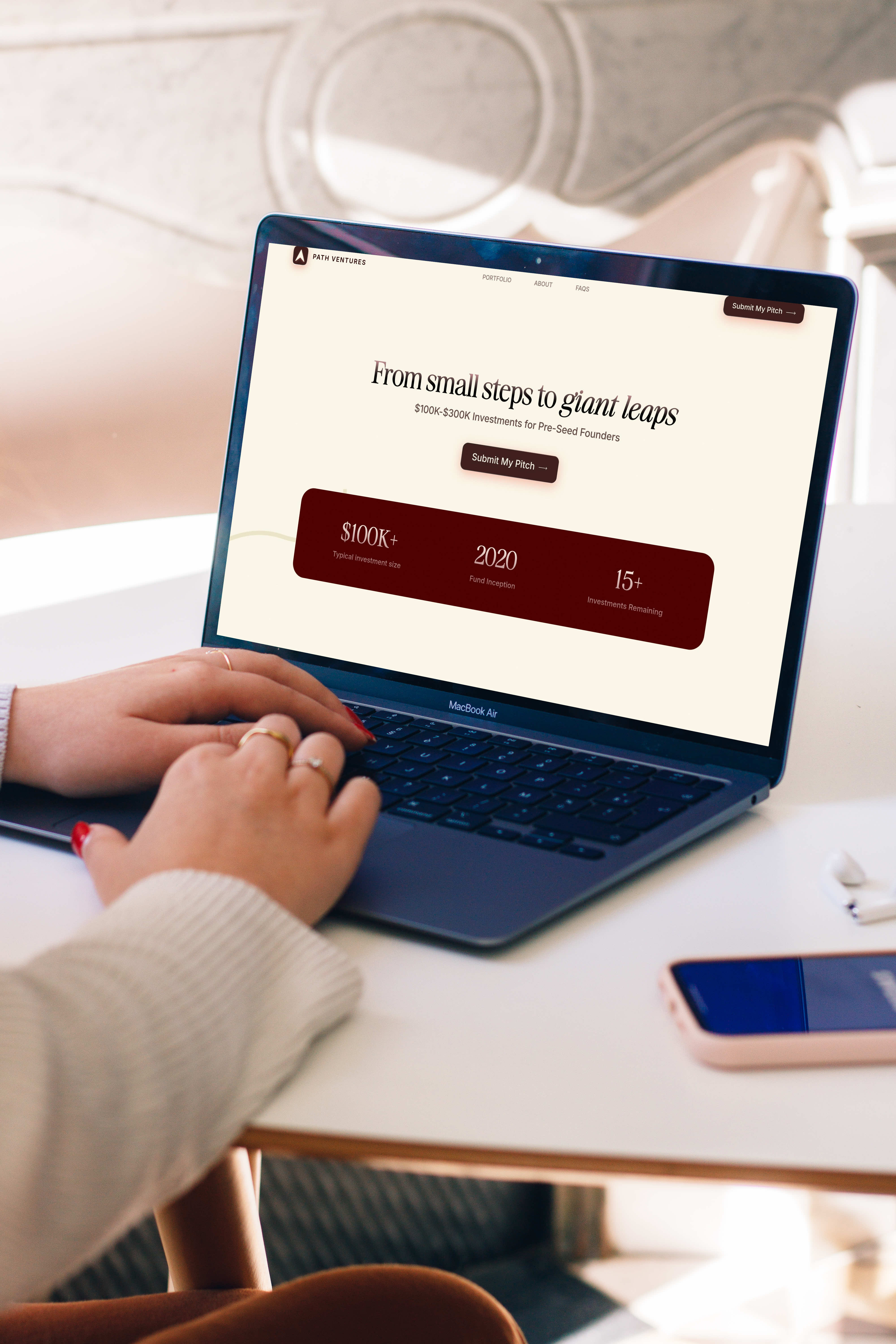 Path Ventures homepage on a MacBook Air, with the headline From small steps to giant leaps, a Submit My Pitch button and a dark red panel showing the typical investment size, fund inception year and number of investments remaining