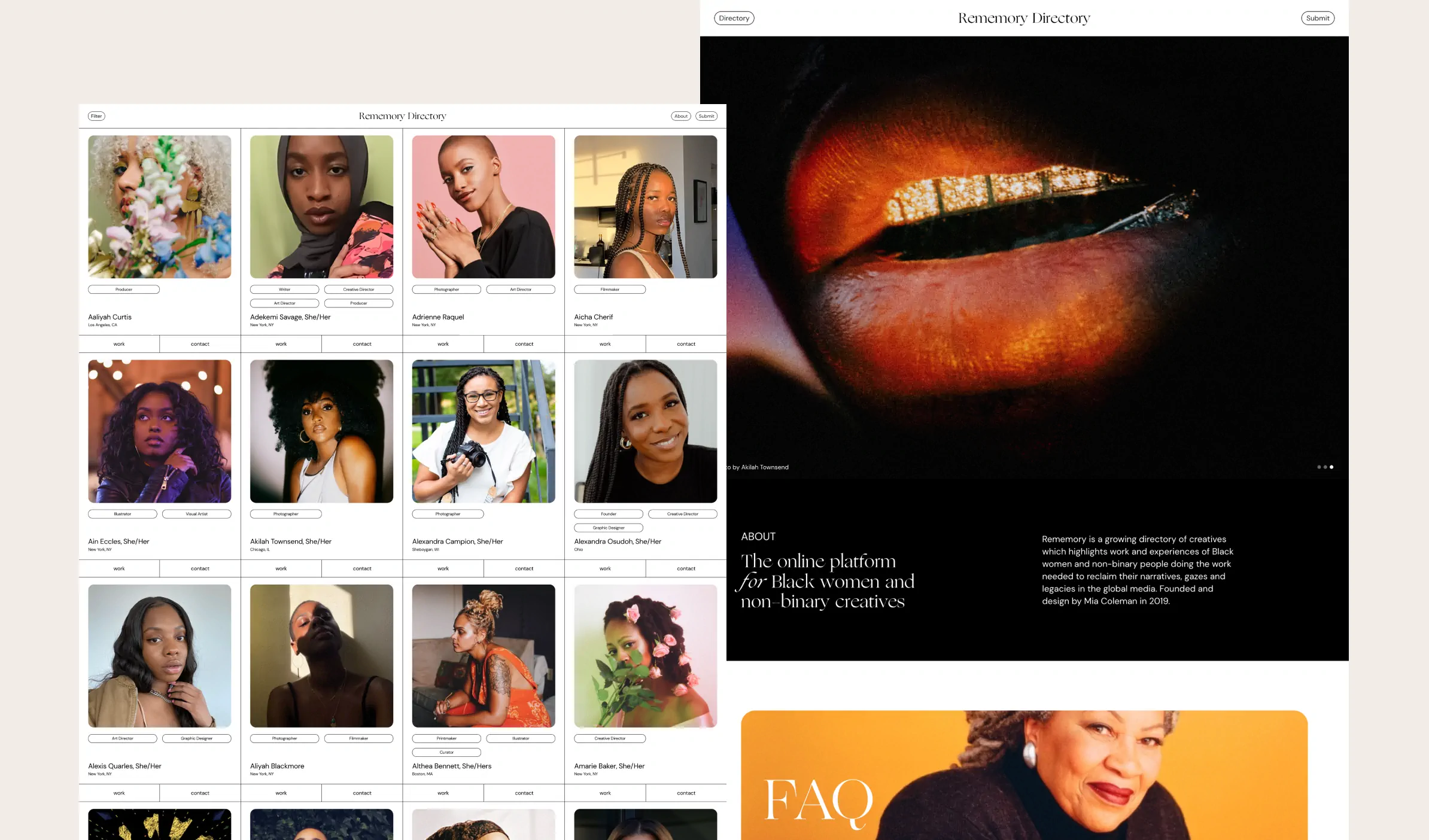 Rememory Directory homepage on desktop: a grid of creative profile cards with portraits, role tags and work and contact buttons, beside the About page with a dark hero image and the FAQ section