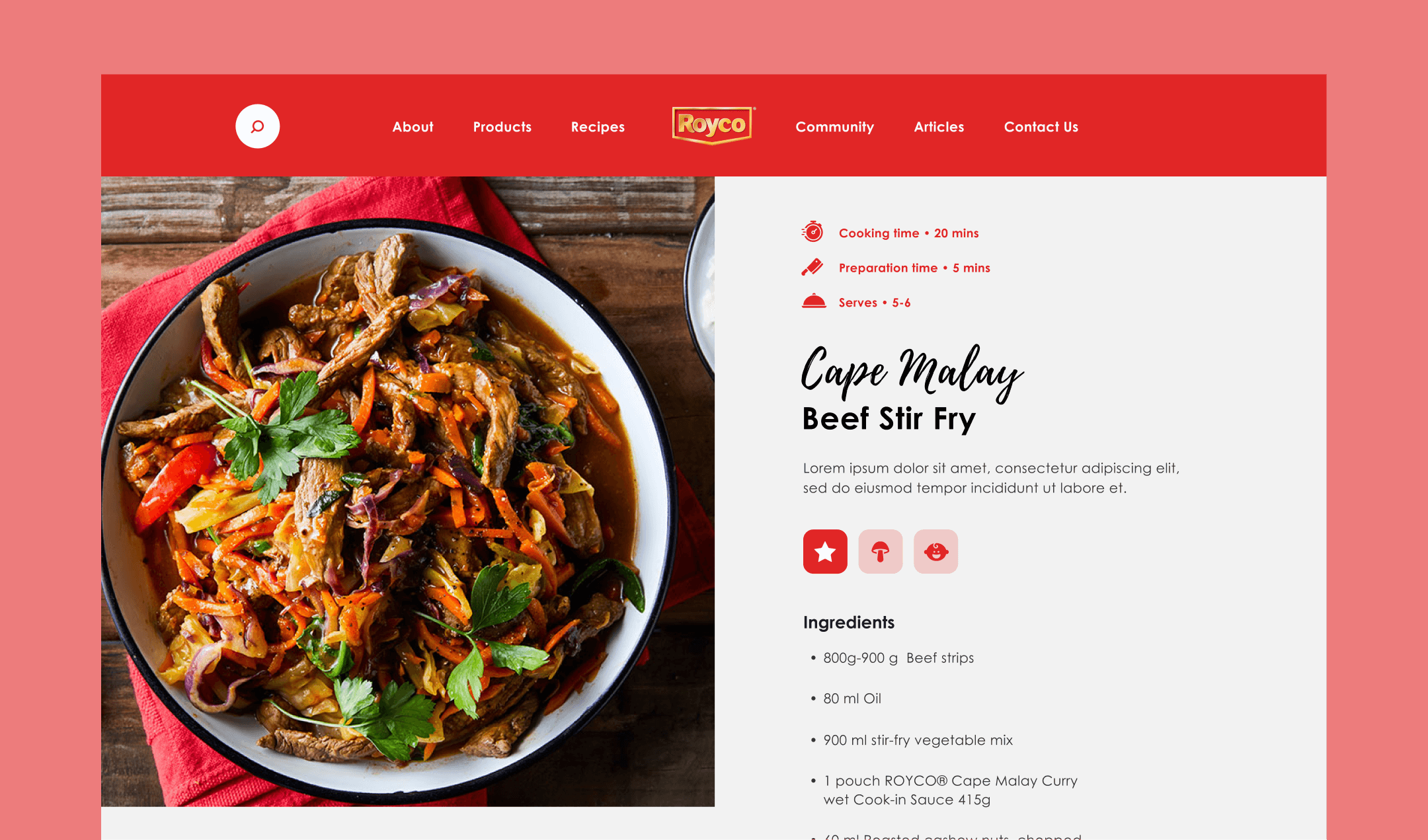 Royco recipe page design for a Cape Malay beef stir fry, with a large recipe photo, cooking and preparation times and the start of the ingredients list