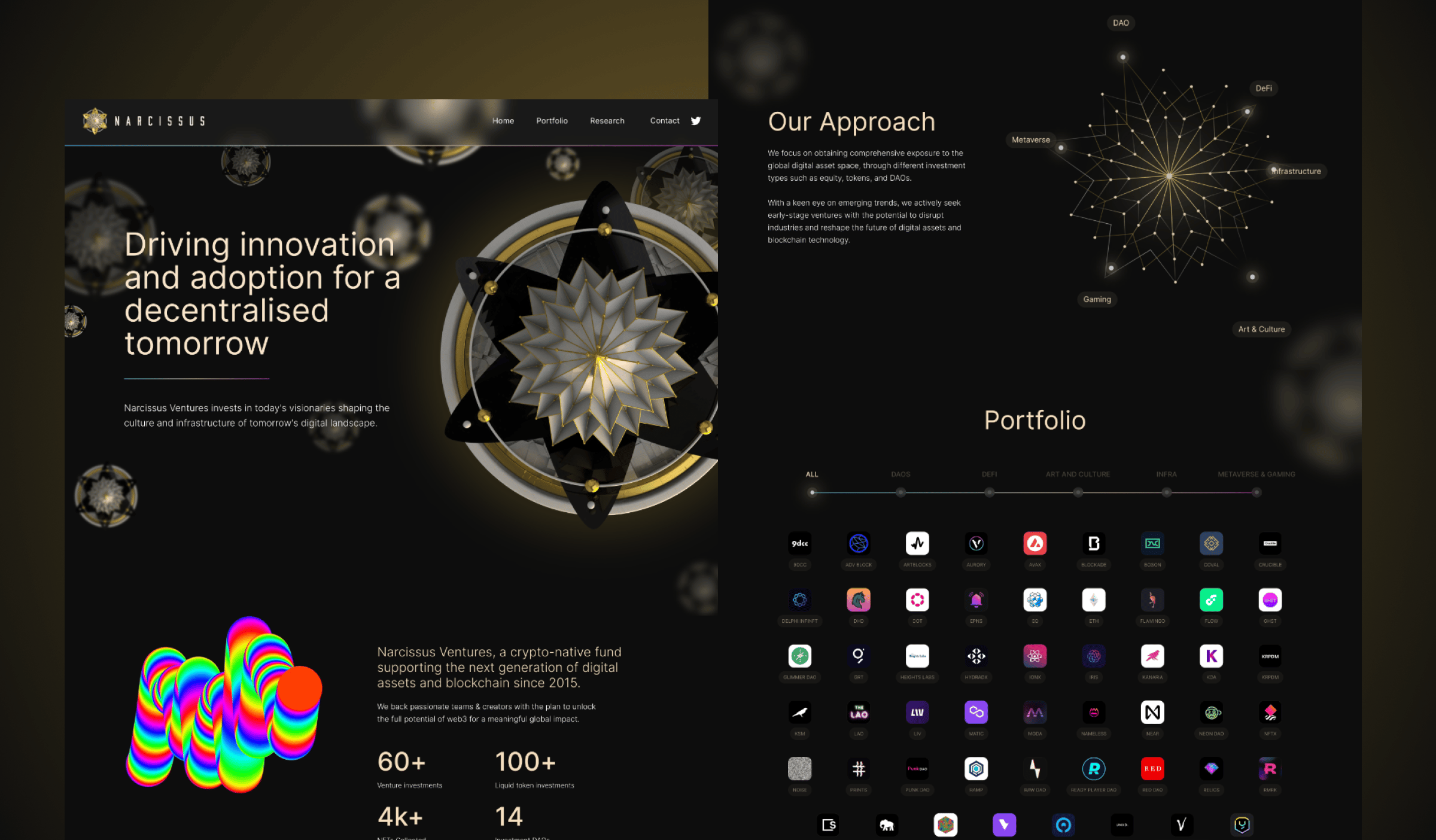 Página de inicio del sitio web de Narcissus Ventures y su sección Our Approach sobre fondo oscuro, con una ilustración dorada y blanca de la flor de narciso y una cuadrícula de logotipos del portafolio