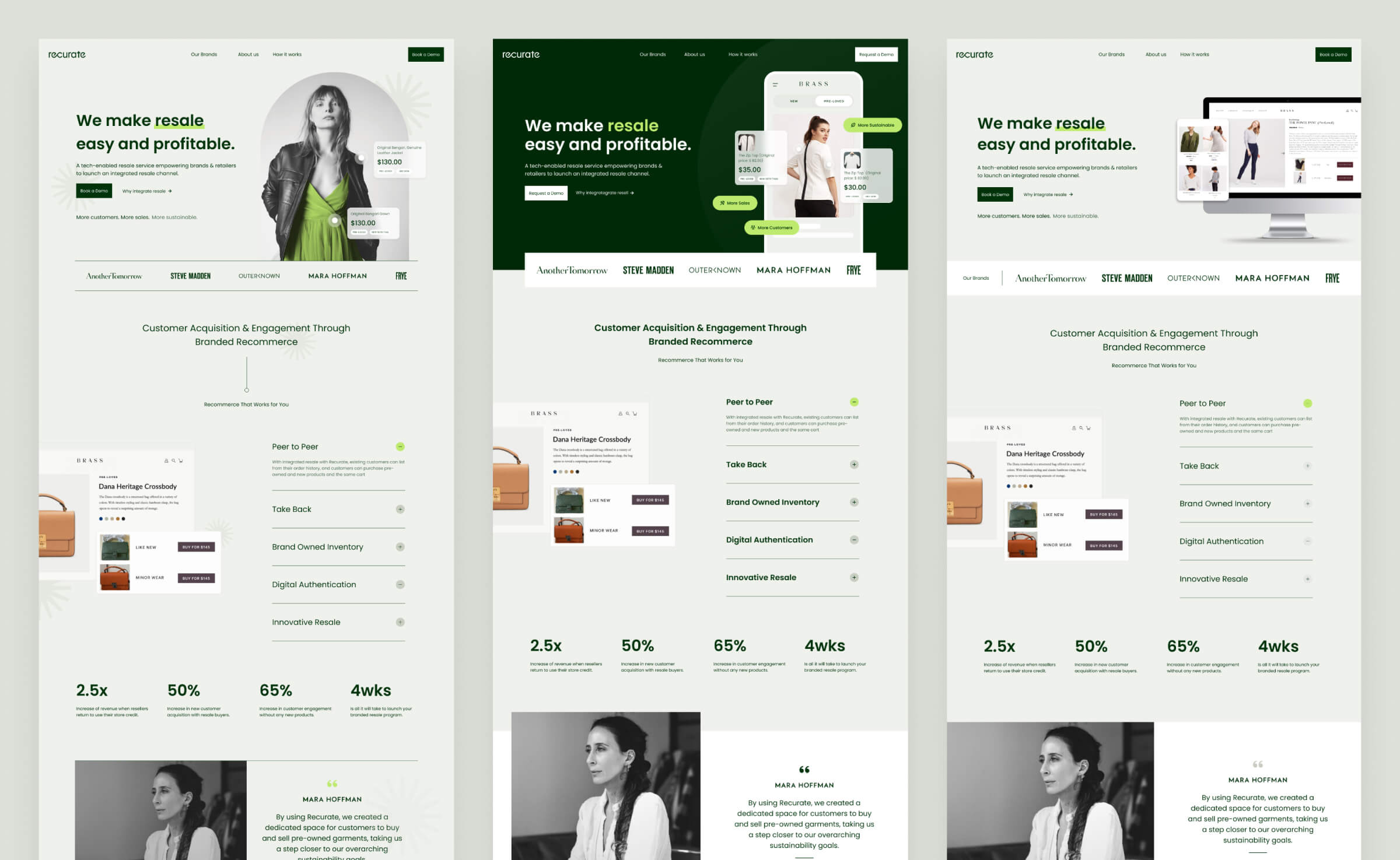 Three Recurate homepage design options side by side, each with the headline 'We make resale easy and profitable'