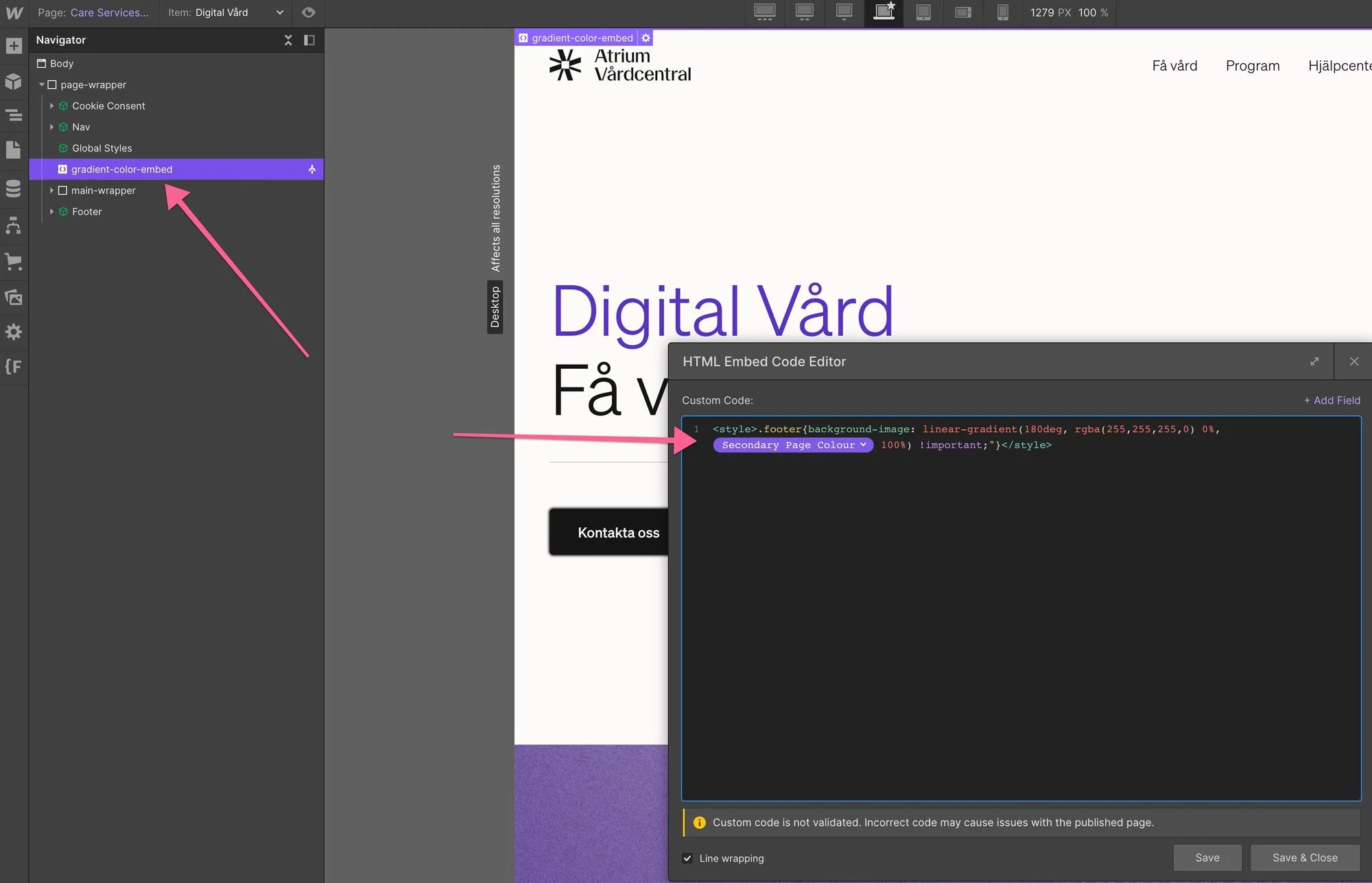 Código del embed para un degradado de fondo dinámico con color del CMS