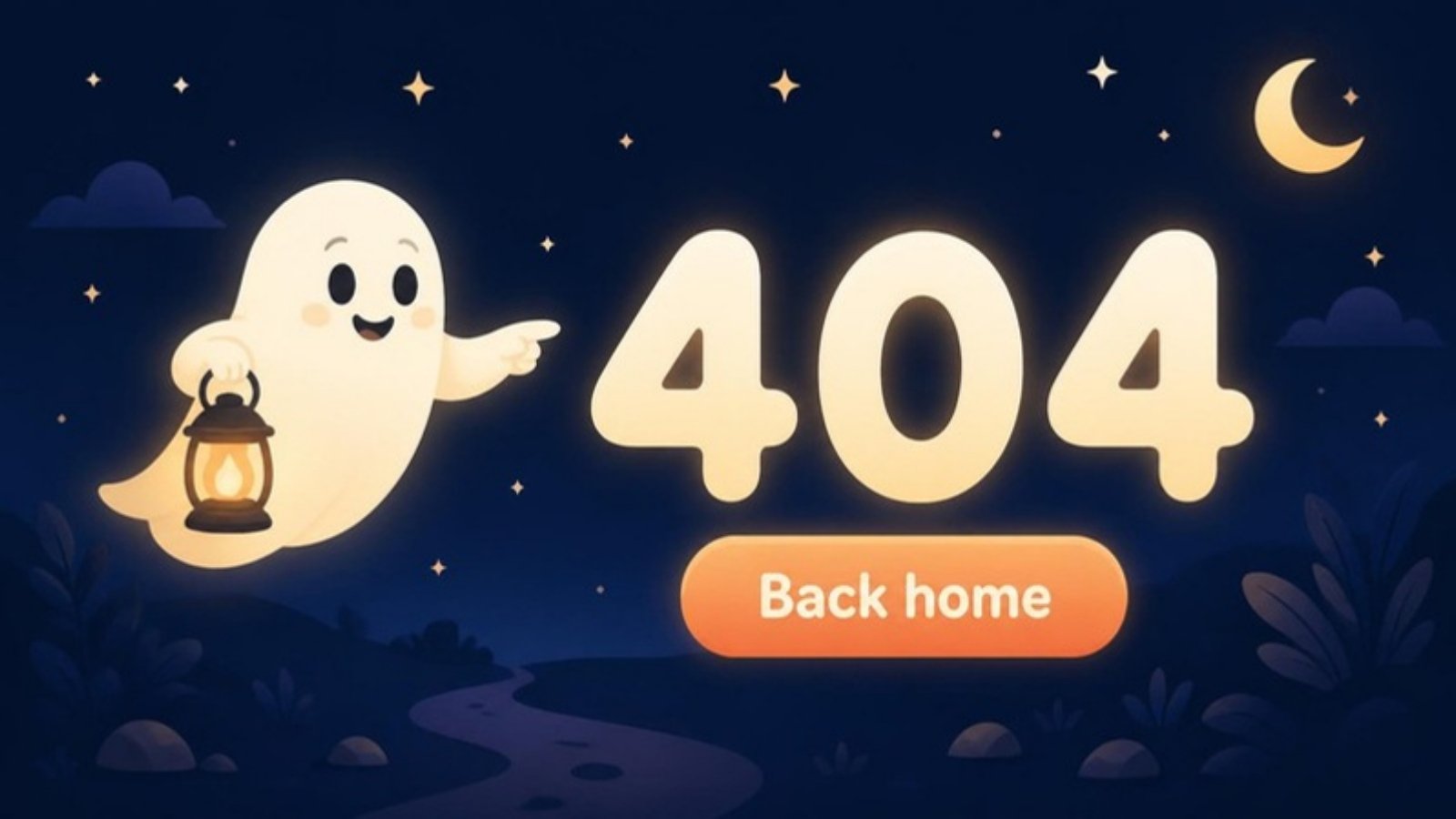 Freundlicher Cartoon-Geist mit Laterne, der von einer großen 404 auf einen Button mit der Aufschrift Back home zeigt