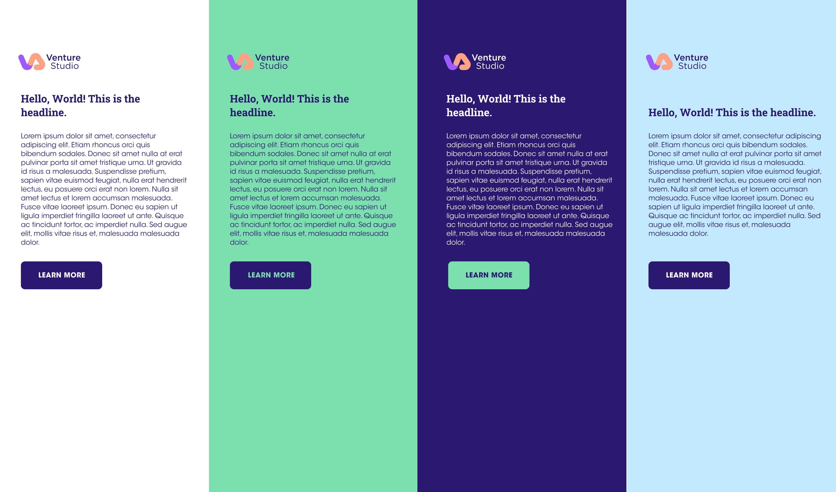 Venture Studio logo on white, green, dark purple and light blue panels, each with a sample headline, body text and a Learn more button
