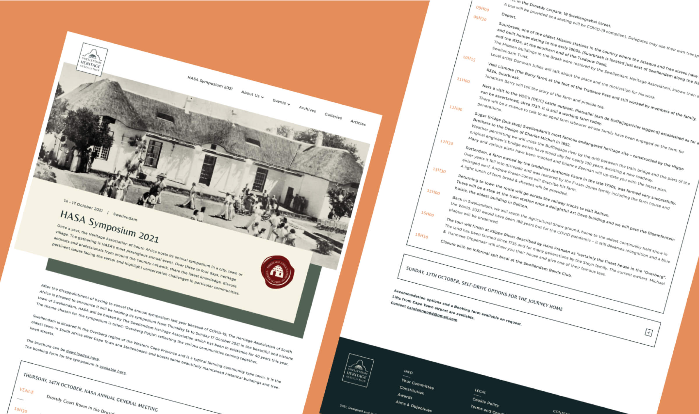 HASA Symposium 2021 event page on the Swellendam Heritage Association website, with a historic thatched farmhouse photograph and the programme