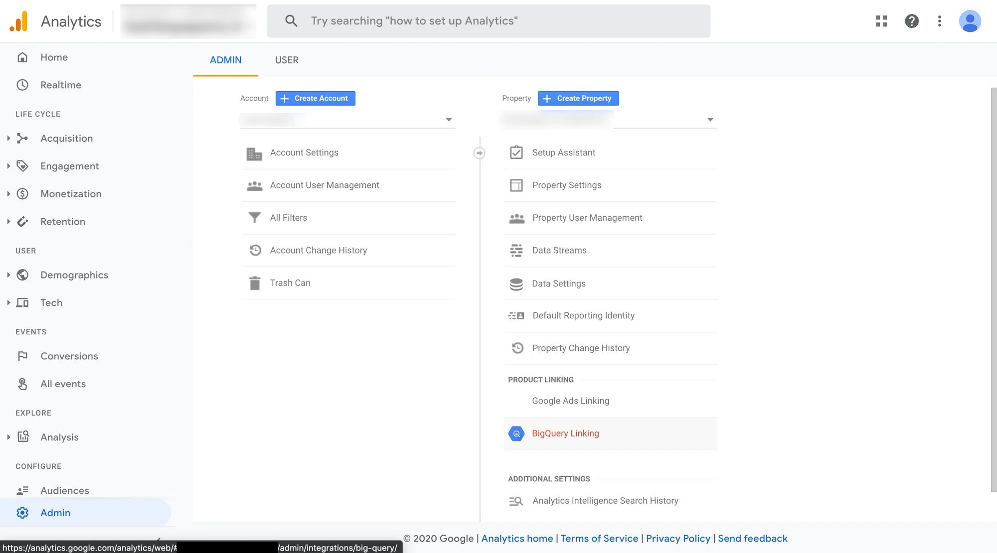 BigQuery Linking in Google Analytics Admin Panel
