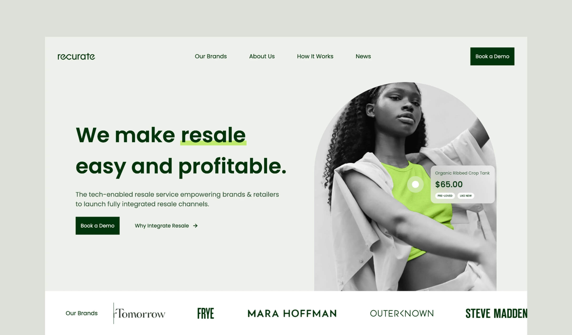 Recurate homepage hero: the headline 'We make resale easy and profitable' beside a model in a lime green top, with a row of brand logos below