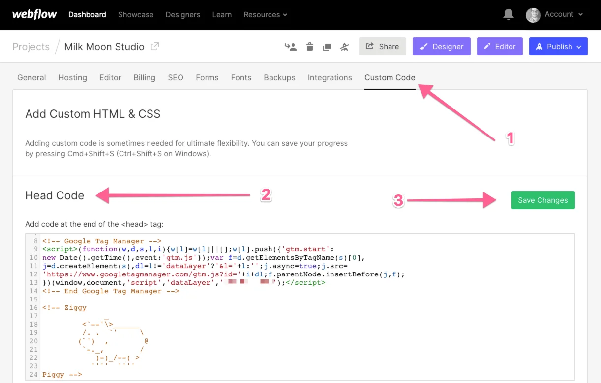 Add Tag Manager Script To Webflow Head Code Section in Project Settings