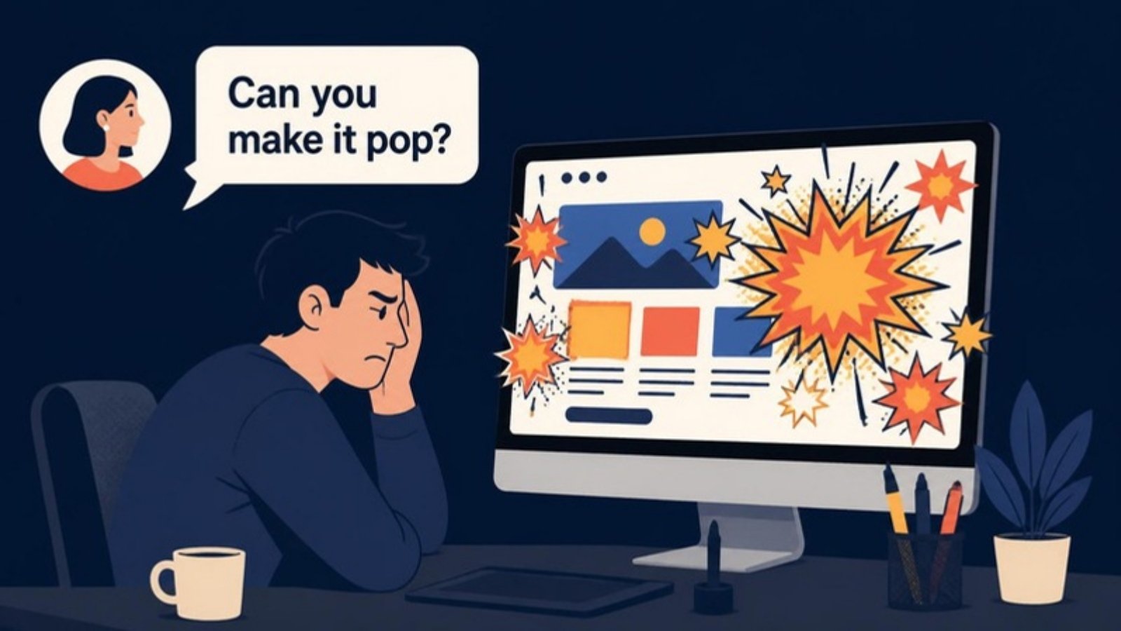 Illustration of a designer with their head in their hand while a client asks, 'Can you make it pop?', and the website on screen is covered in cartoon explosion bursts