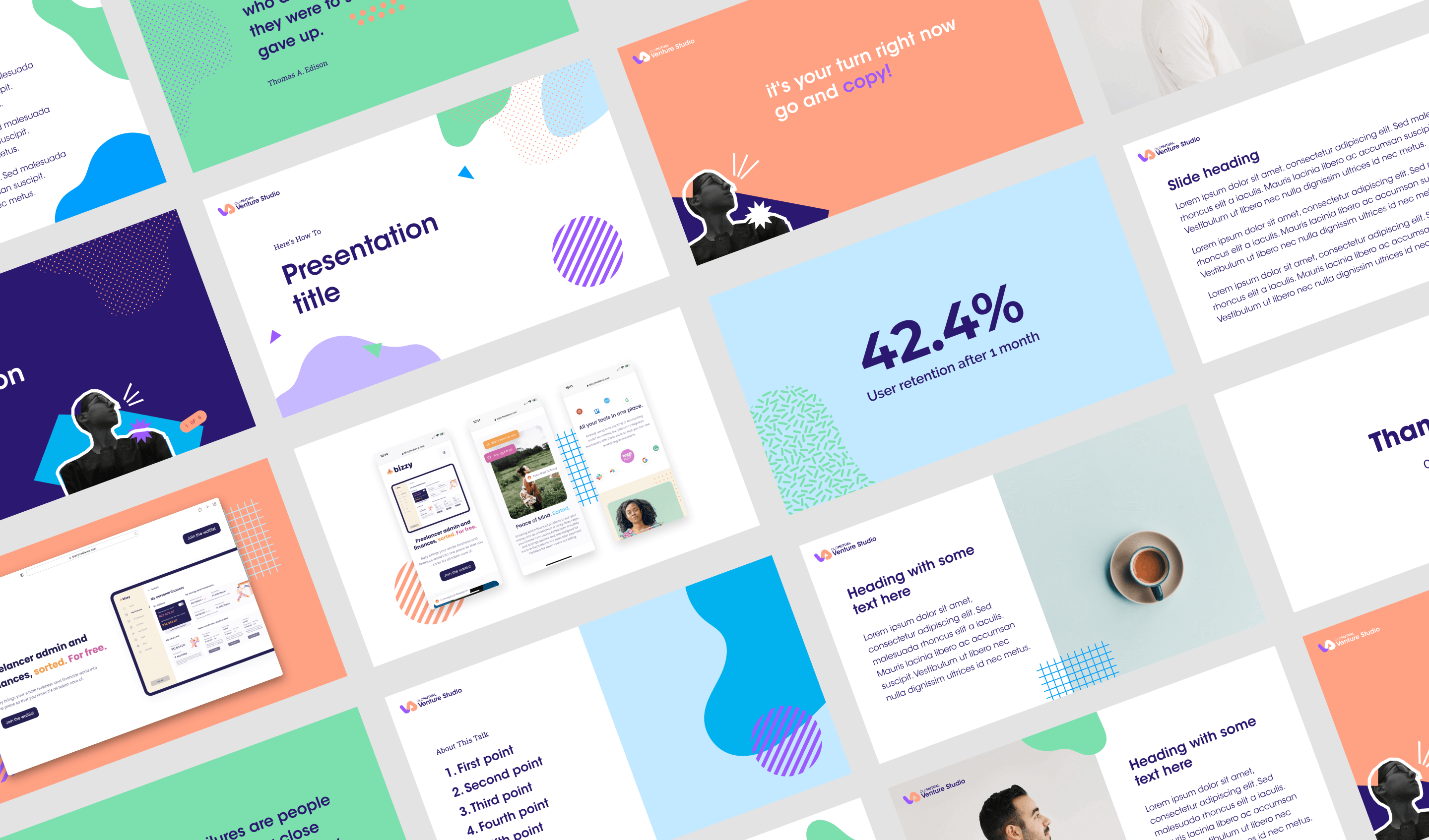 Grid of Venture Studio presentation slide templates in coral, mint, blue and white, with headings, a statistic slide and product screenshots