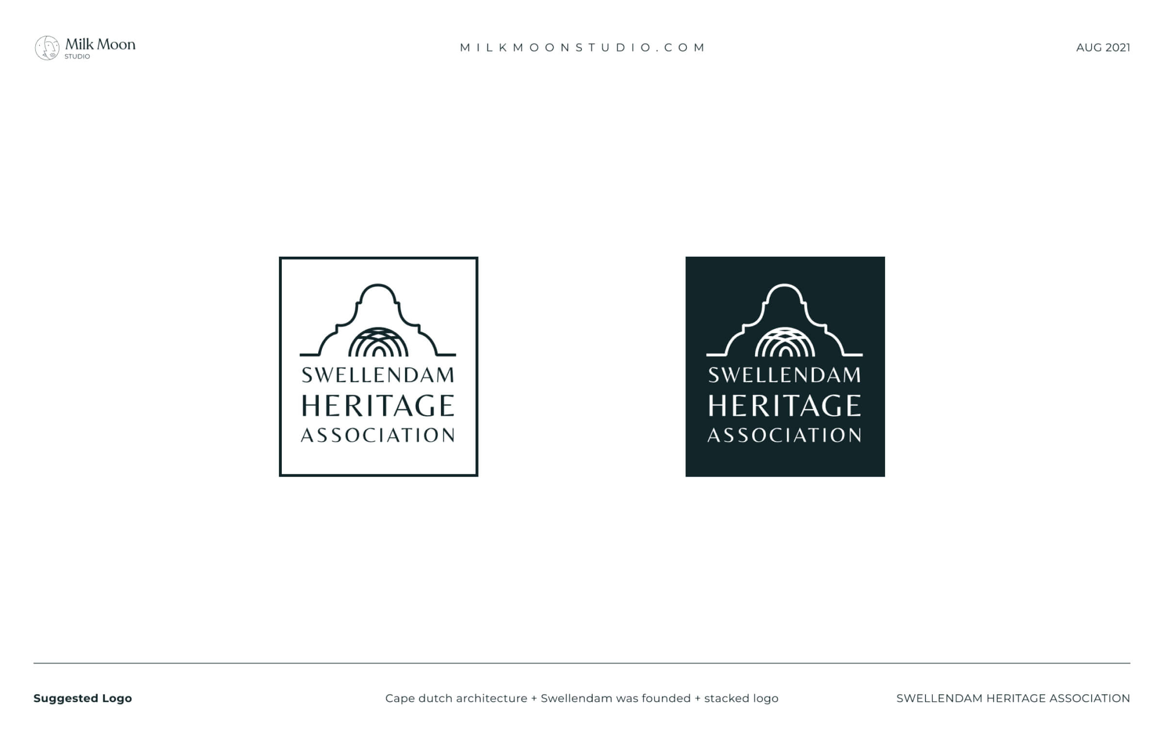 Swellendam Heritage Association logo in black on white and white on dark green, a gable shape over a fan of arches above the name