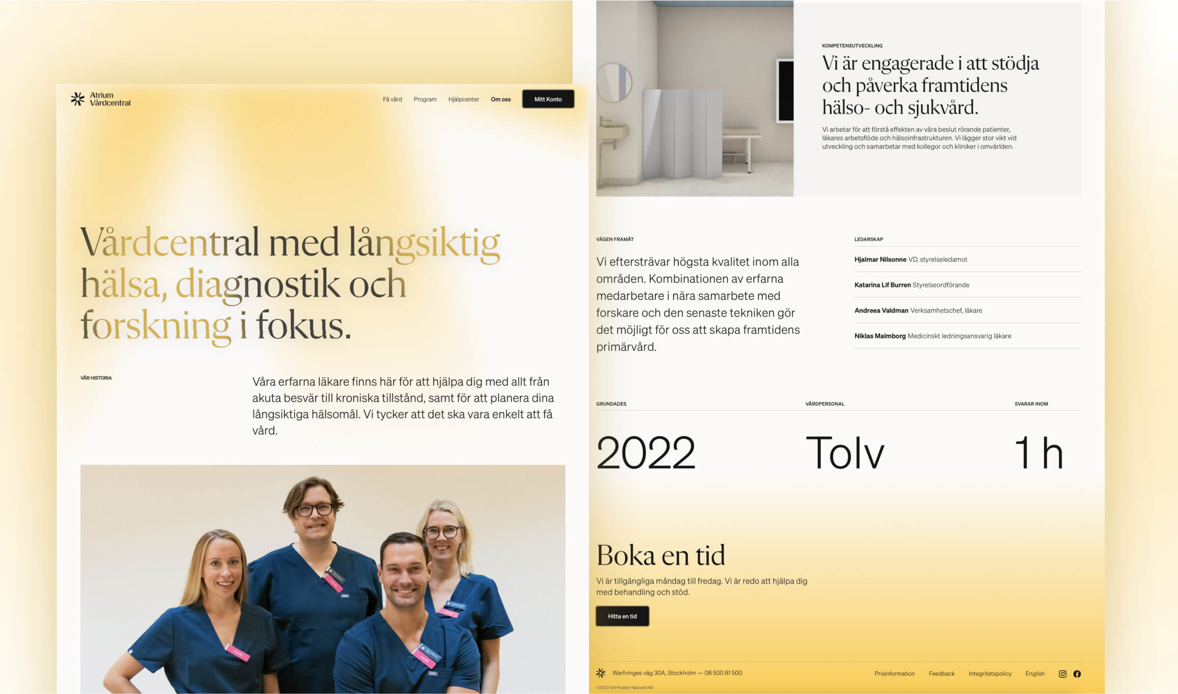 Atrium Vårdcentral About us page in Swedish, with a team photo and the 2022, twelve staff and one hour response figures.